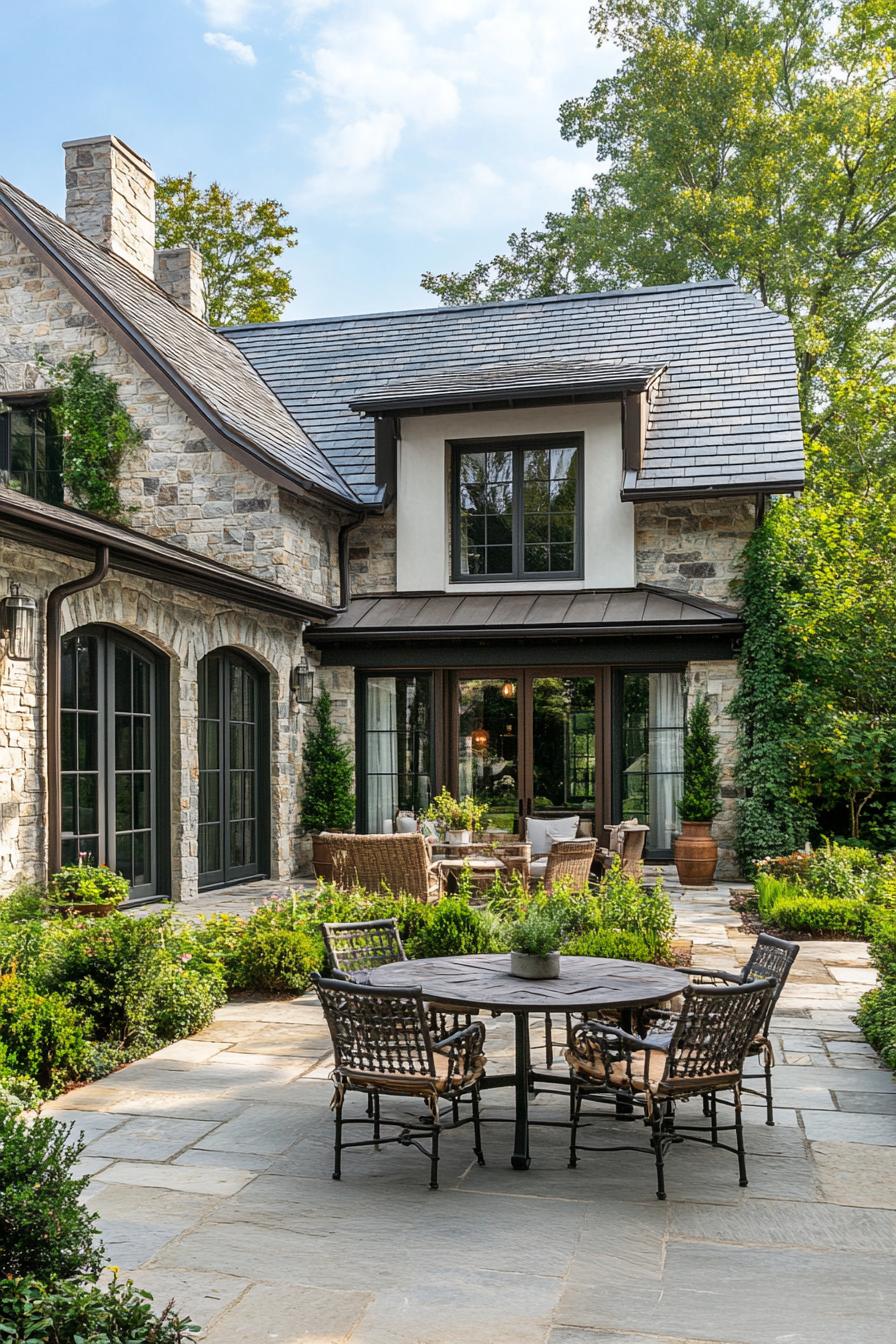 country cottage with multipitch roof facade with mixed stone and clapboard siding courtyard with neat garden and garden table with chairs