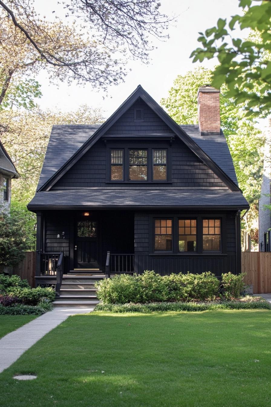 front of small dark siding cottage house porch detached small garage paved yard green lawn with shrubs 1