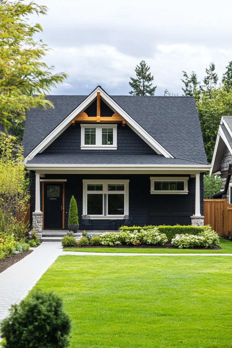 front of small dark siding cottage house porch detached small garage paved yard green lawn with shrubs 2