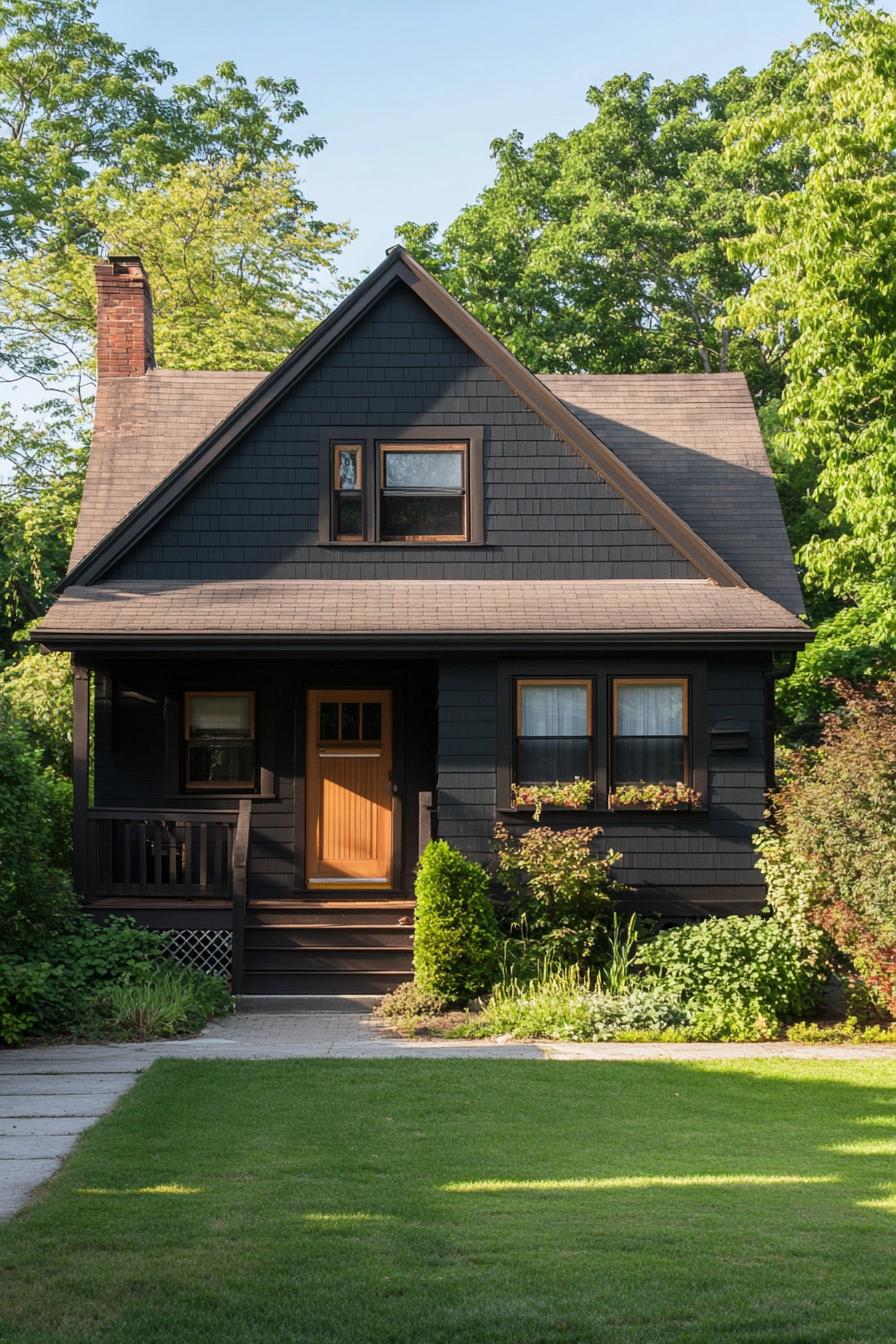 front of small dark siding cottage house porch detached small garage paved yard green lawn with shrubs 3