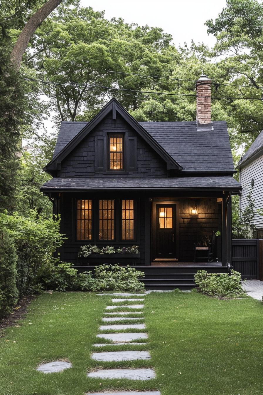 front of small dark siding cottage house porch detached small garage paved yard green lawn with shrubs