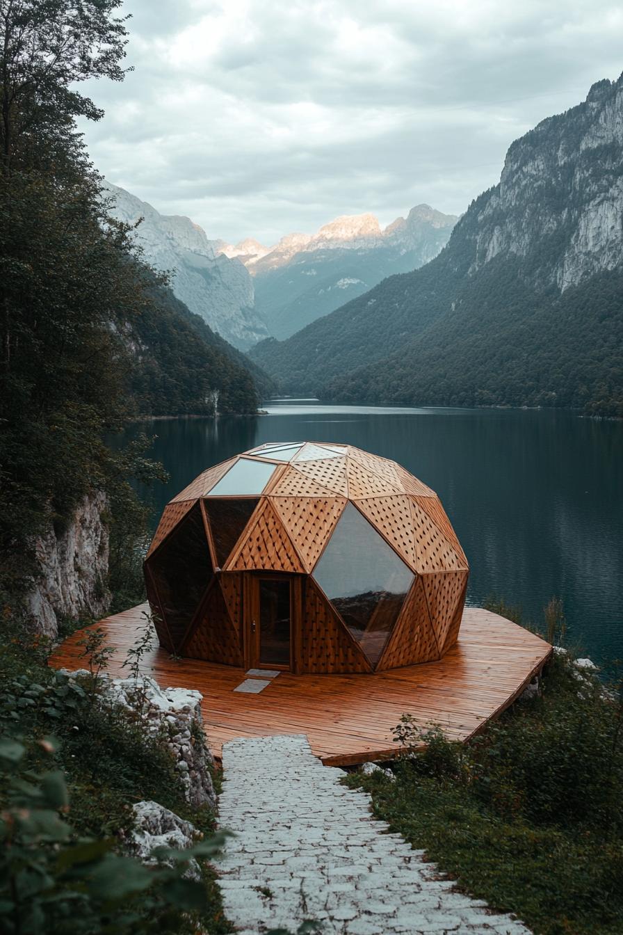 geodesic wooden dome cabin with mixed polygonal wood and glass facets a paved pathway leading to it a stunning lake behind the cabin mountains in