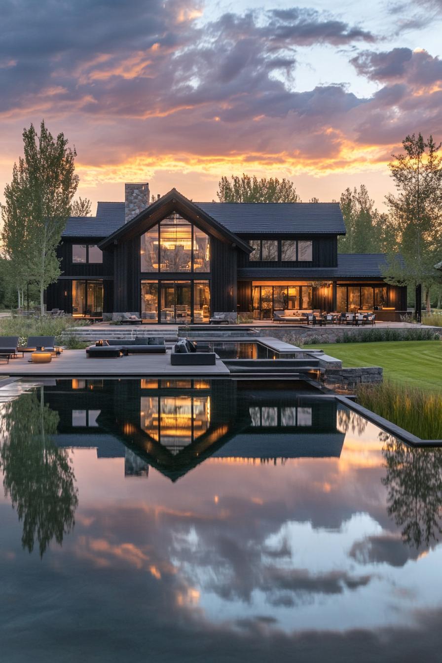 high angle view of modern black farmhouse style mansion complex with large yard with pool lounge areas lake in front with the reflection of the