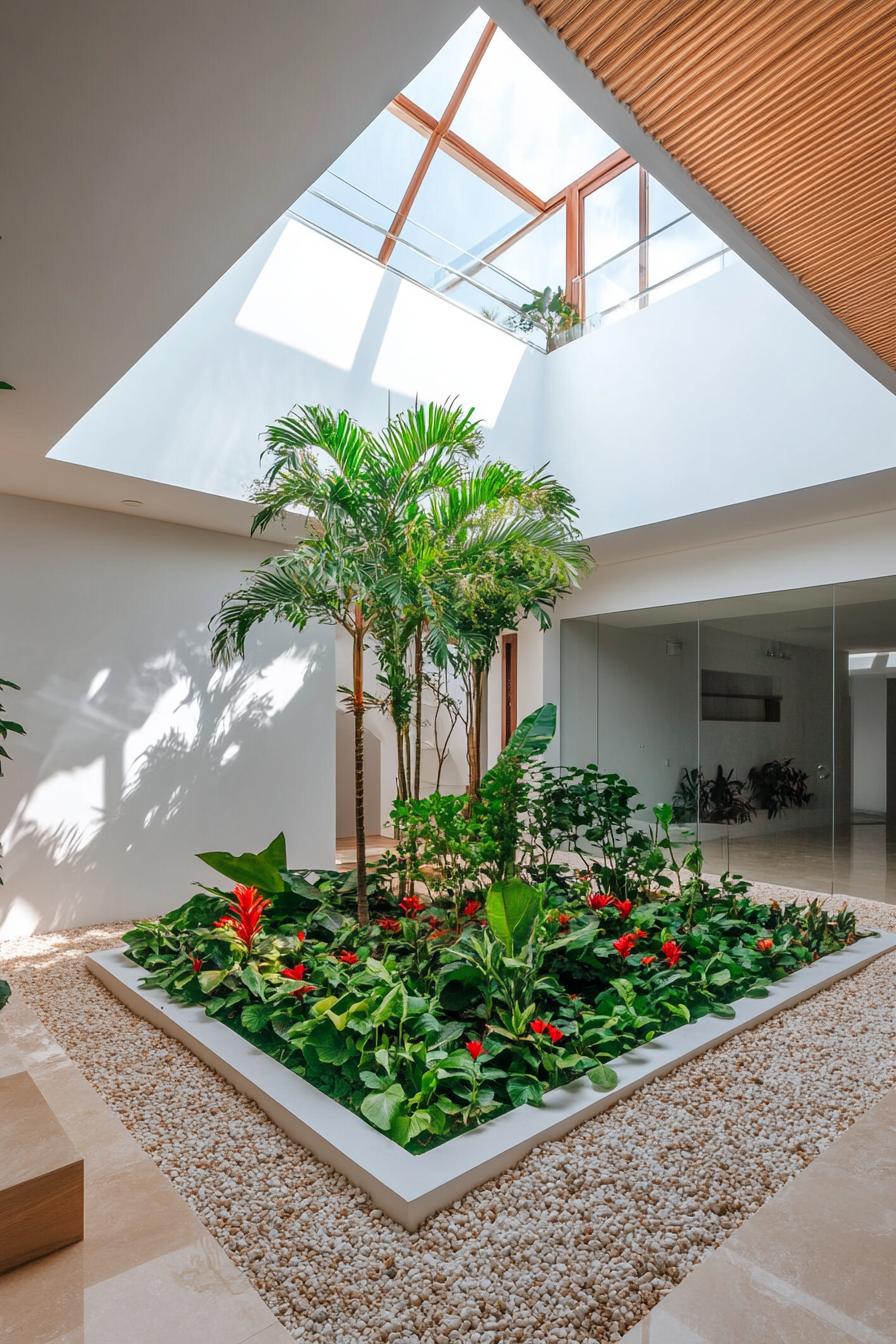 indoor modern white house courtyard with pebbled area with lush flower plants theres skylight above the planted area 1