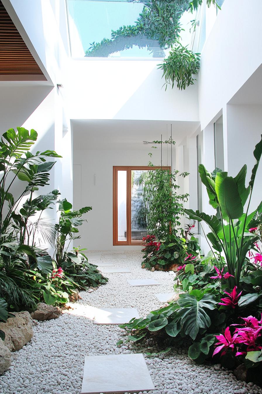 indoor modern white house courtyard with pebbled area with lush flower plants theres skylight above the planted area 2