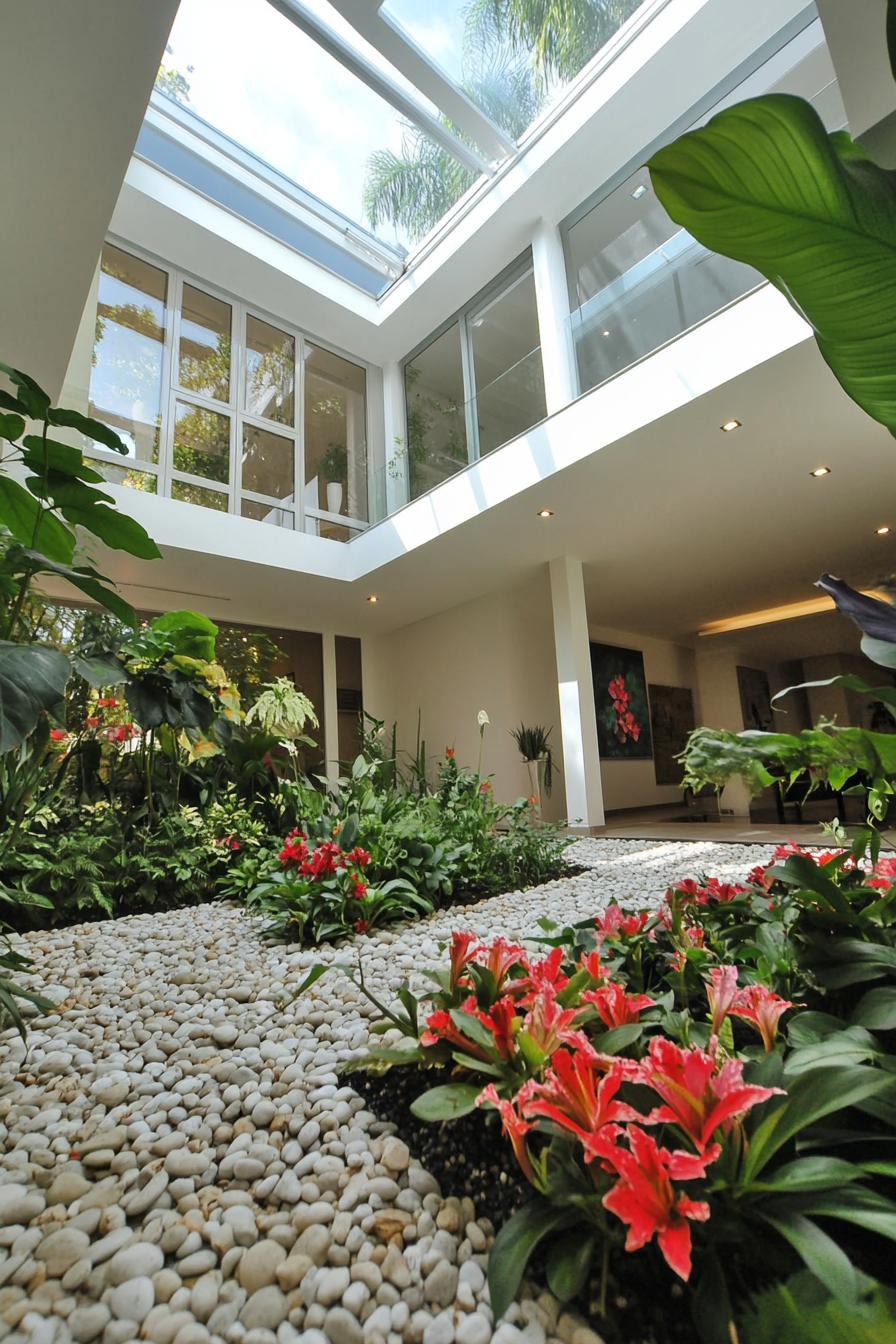 indoor modern white house courtyard with pebbled area with lush flower plants theres skylight above the planted area 3