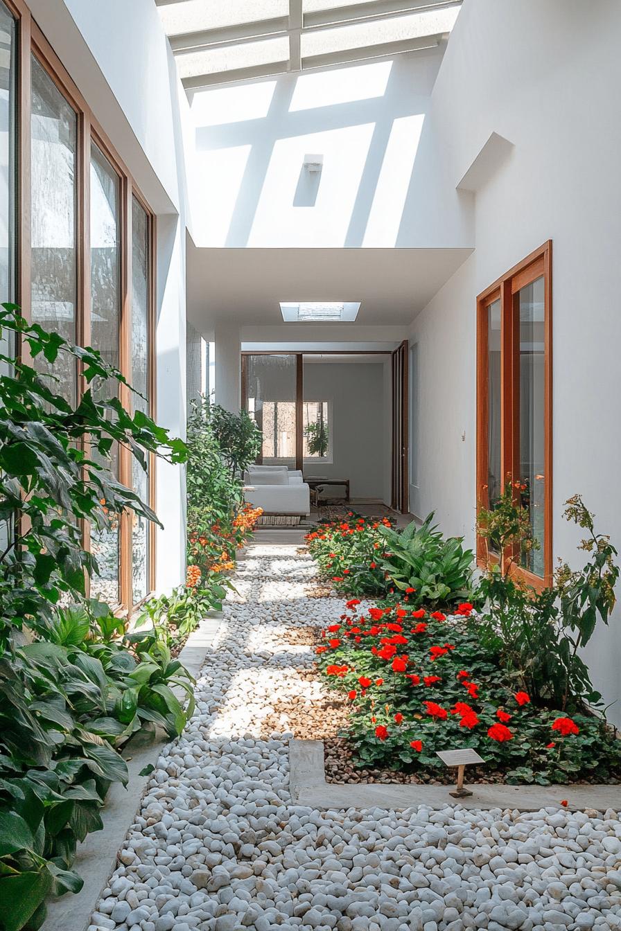 indoor modern white house courtyard with pebbled area with lush flower plants theres skylight above the planted area