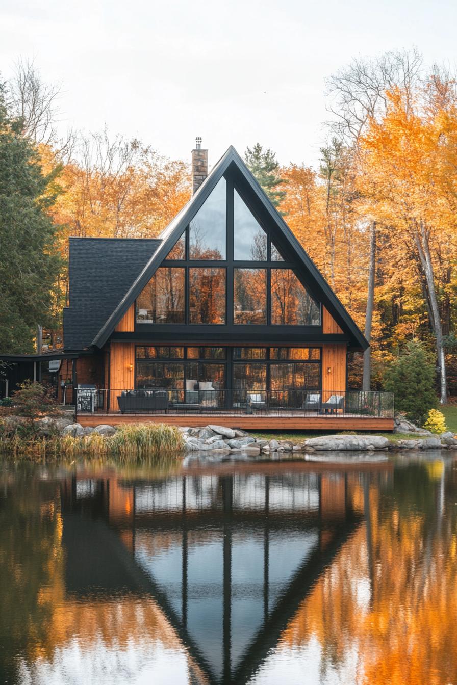 large a frame house in front of a lake