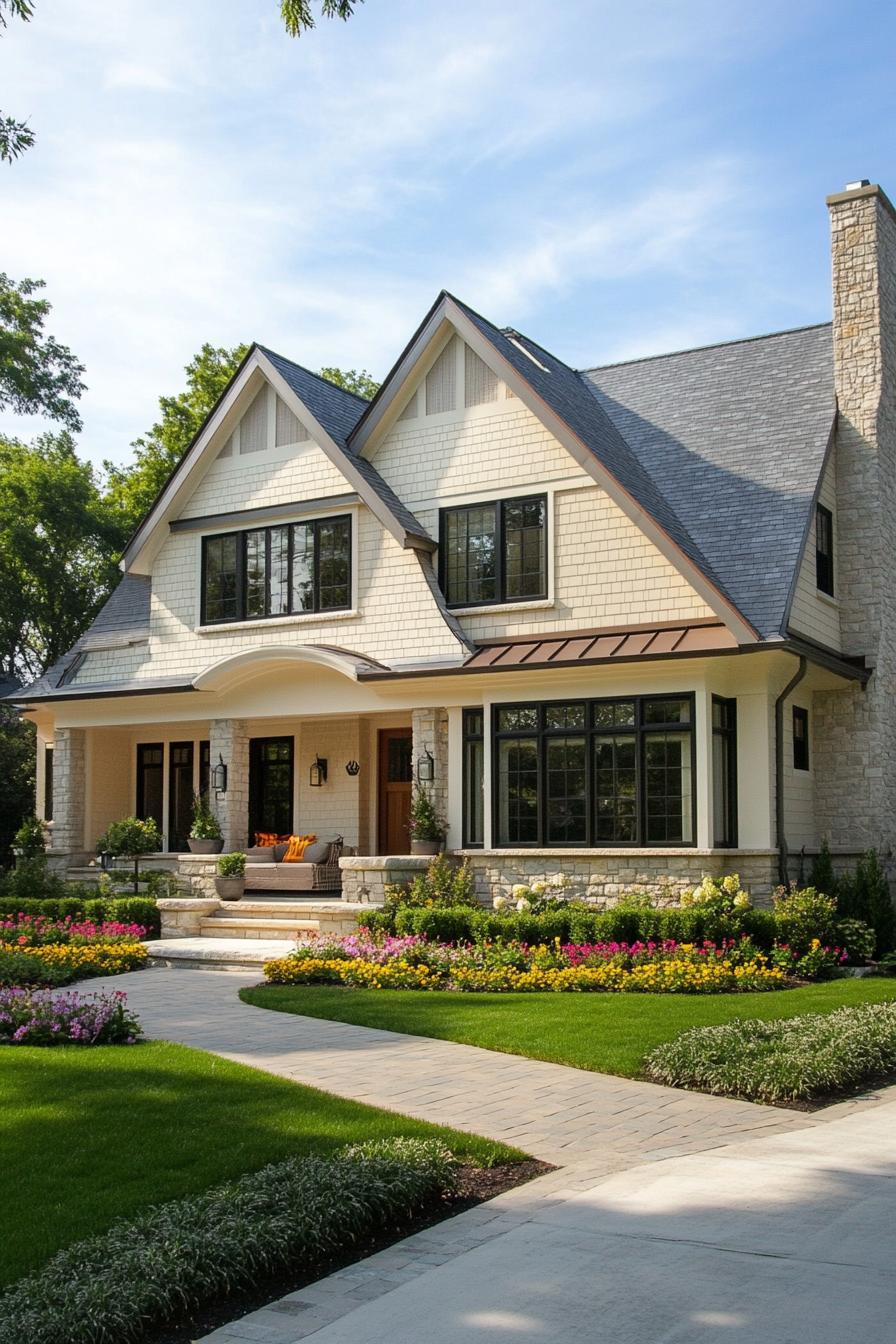 large modern craftsman house with pale creamy siding light grey roof arched front window bay windows paved front yard house foundation lined with 1