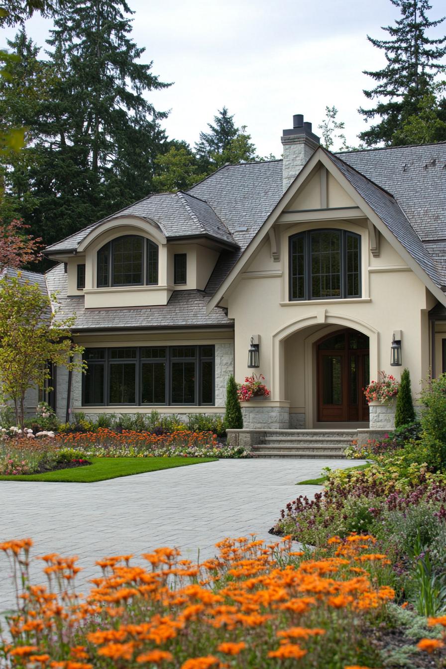 large modern craftsman house with pale creamy siding light grey roof arched front window bay windows paved front yard house foundation lined with