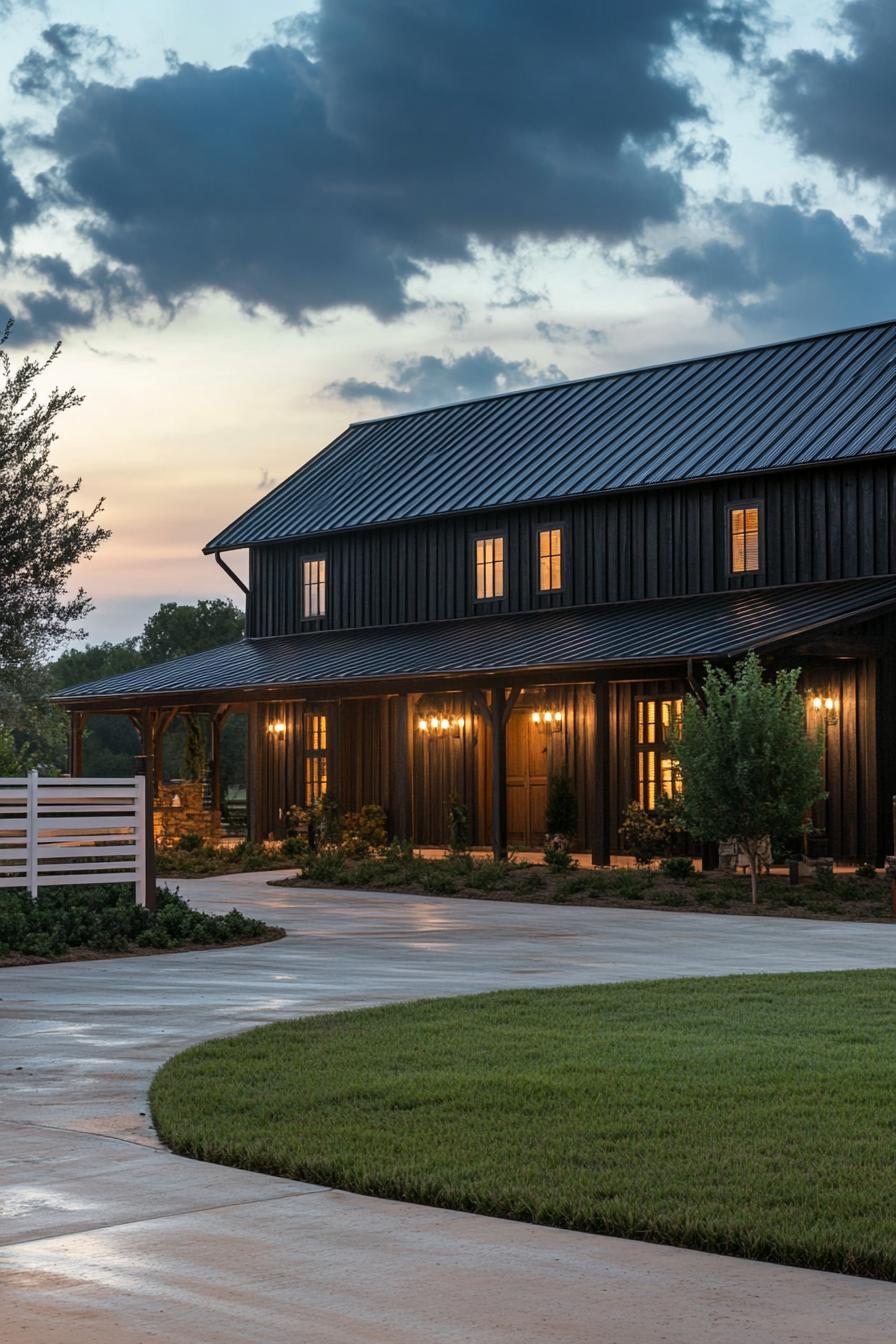 long barn home facade with dark wooden siding black metal roof with multiple gambrels exposed wood beams large front porch concrete yard with 1