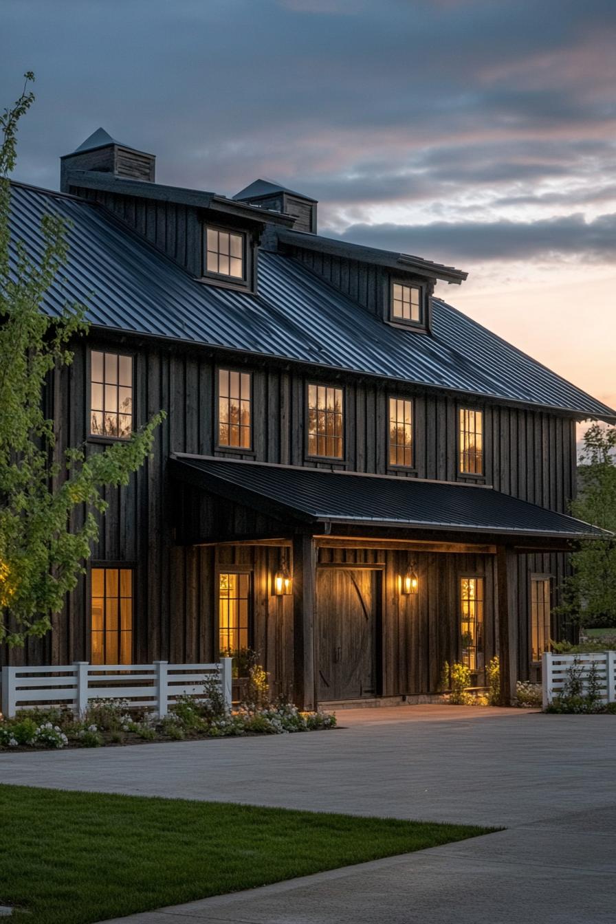 long barn home facade with dark wooden siding black metal roof with multiple gambrels exposed wood beams large front porch concrete yard with 2