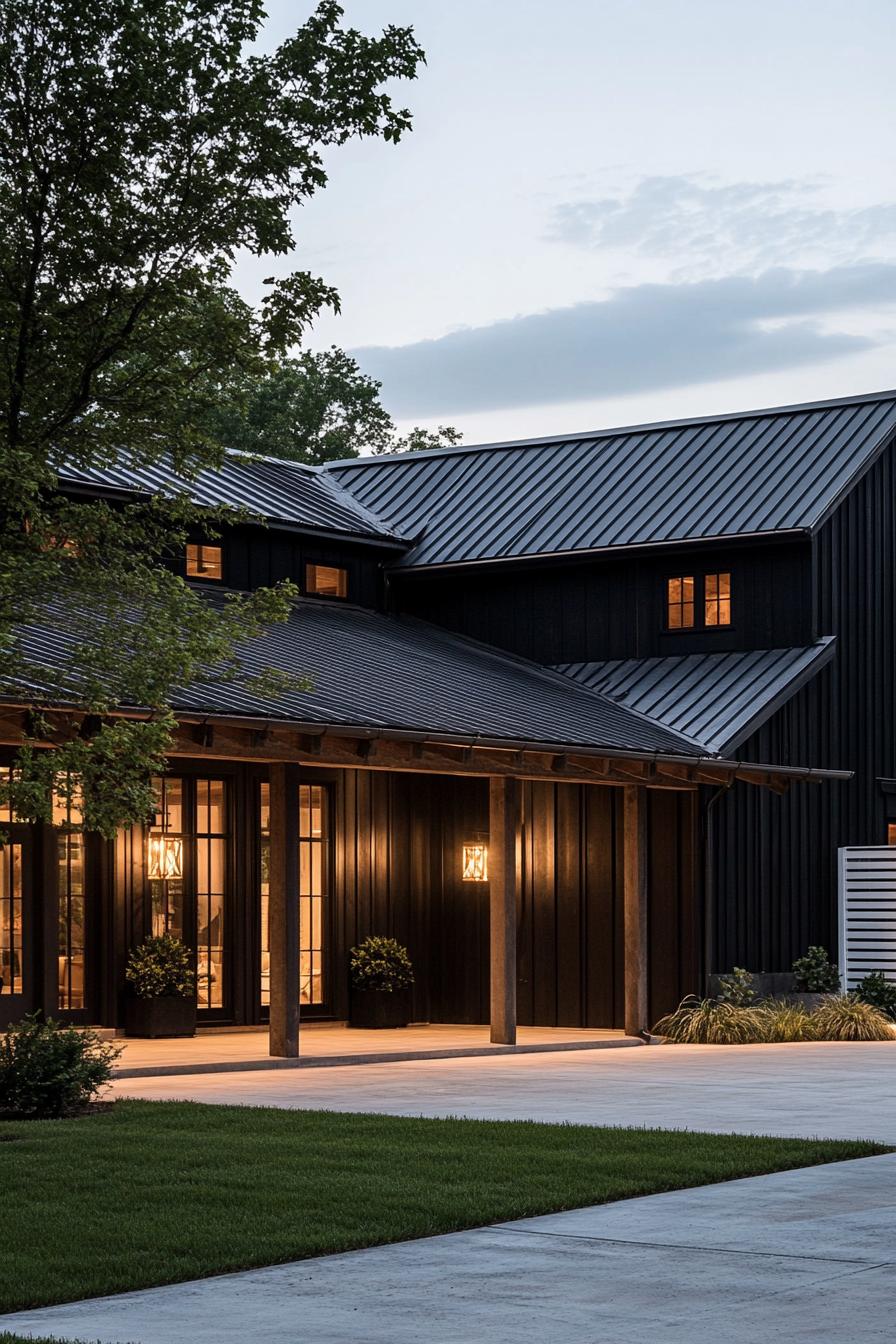 long barn home facade with dark wooden siding black metal roof with multiple gambrels exposed wood beams large front porch concrete yard with 3