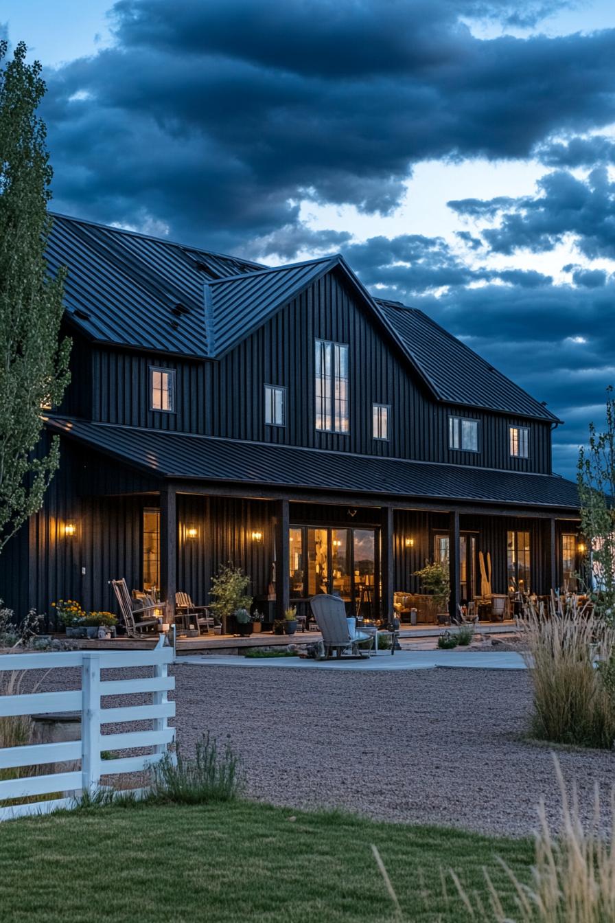 long barn home facade with dark wooden siding black metal roof with multiple gambrels exposed wood beams large front porch concrete yard with