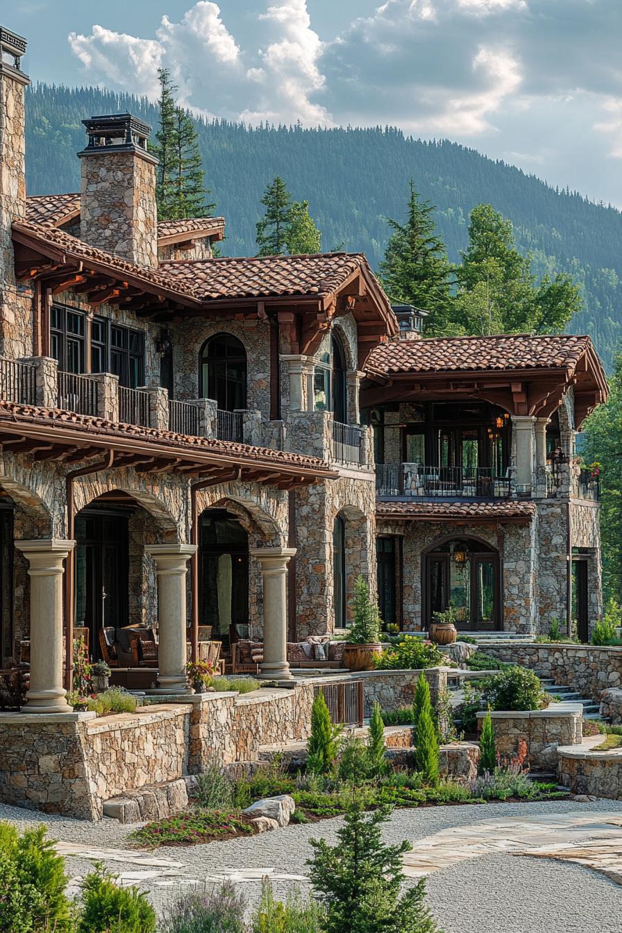 massive mountain mansion with stone columns and arches large terraces multi pitched roofing gravel landscape with native plants mountain forest in 2