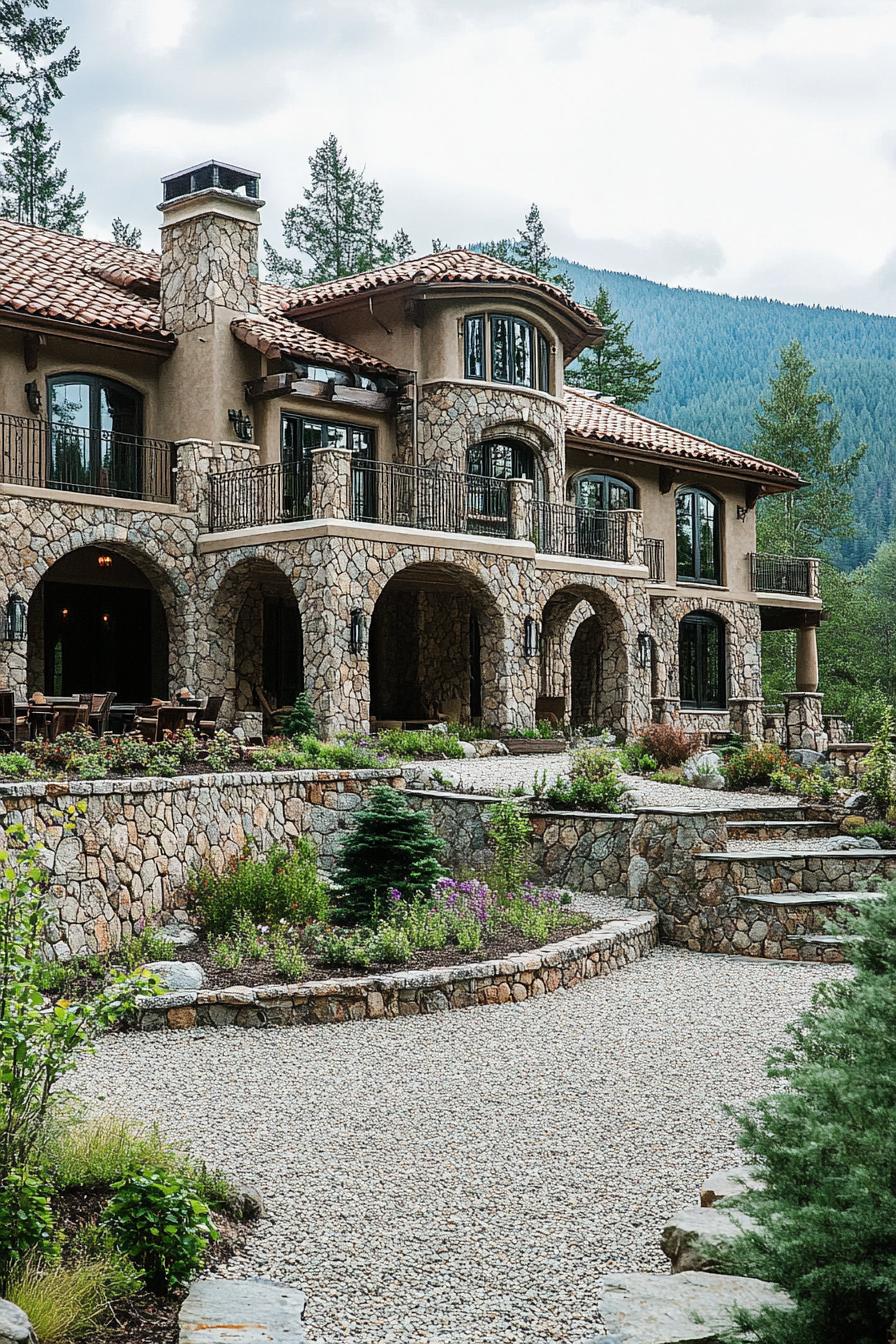 massive mountain mansion with stone columns and arches large terraces multi pitched roofing gravel landscape with native plants mountain forest in 3