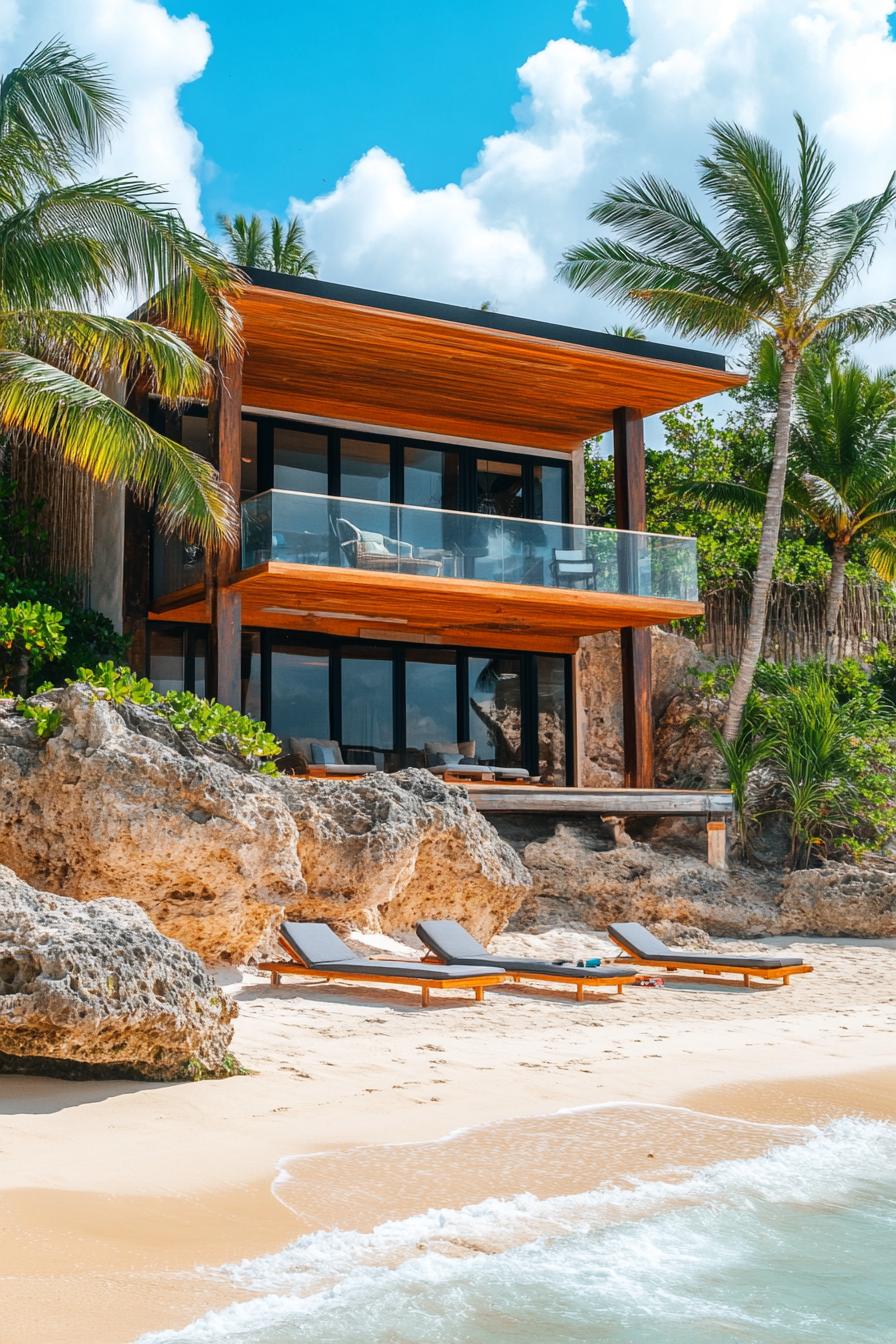 modern beachfront two story house in natural wood with terrace and balcony tall palms and rocks sunbeds on the beach sand crystal clear ocean