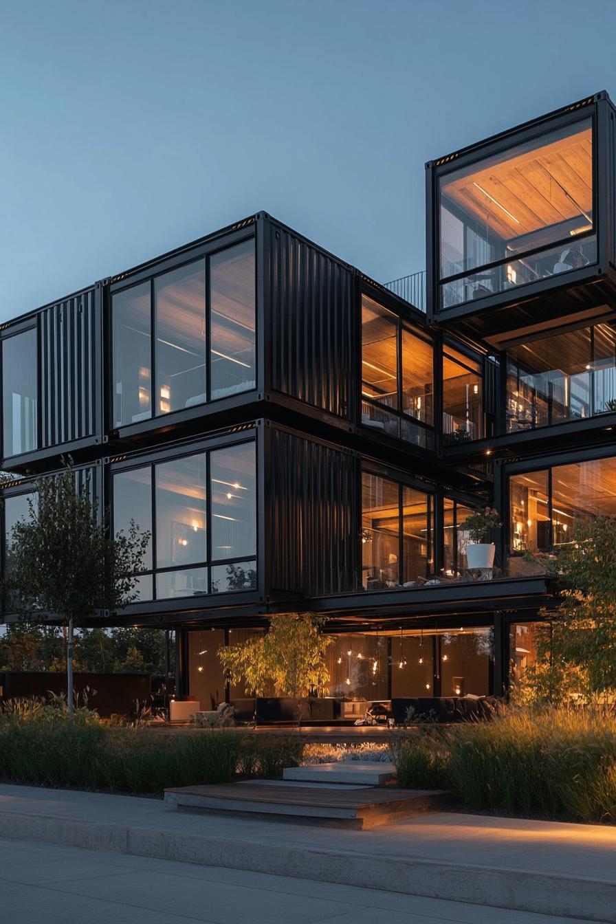 modern black glass container apartment building complex