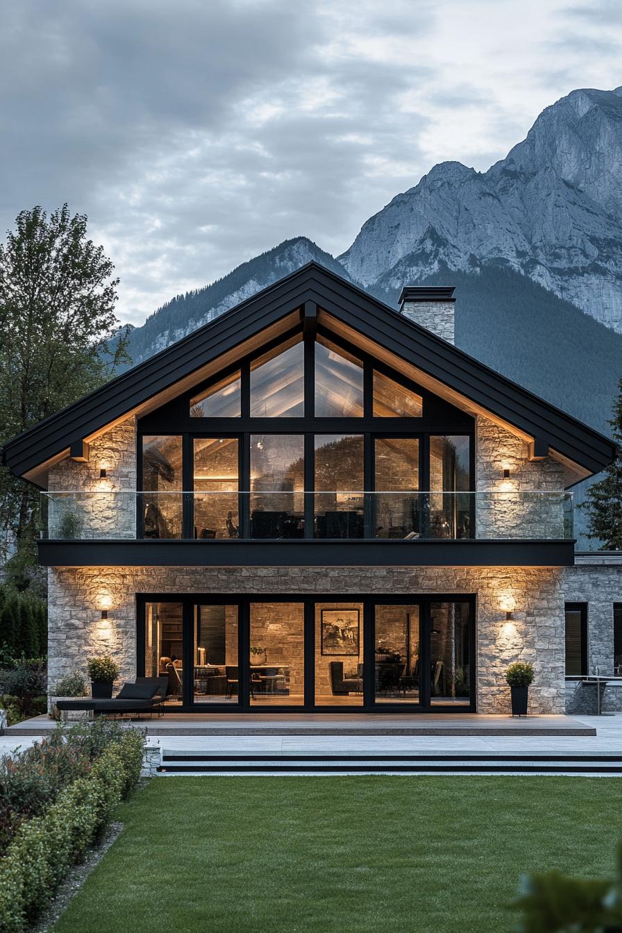 modern chalet house with stone brick facade and black steep pitch roof large windows in black trim large concrete rounded balcony with glass 1