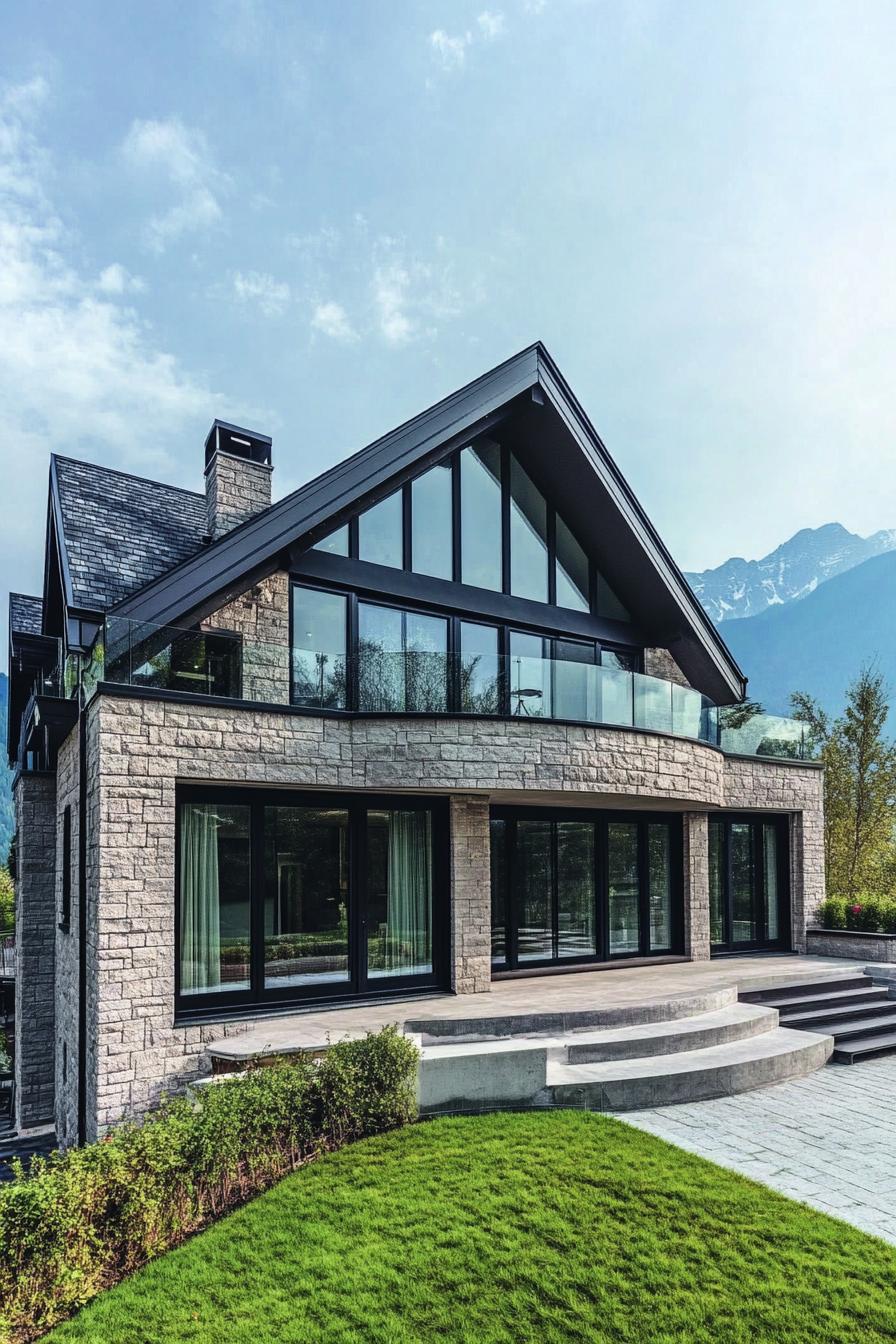 modern chalet house with stone brick facade and black steep pitch roof large windows in black trim large concrete rounded balcony with glass 2