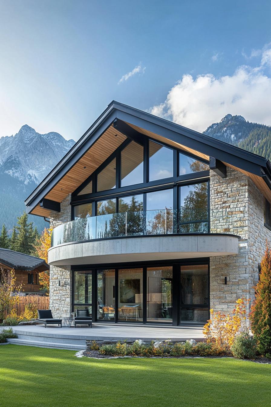 modern chalet house with stone brick facade and black steep pitch roof large windows in black trim large concrete rounded balcony with glass