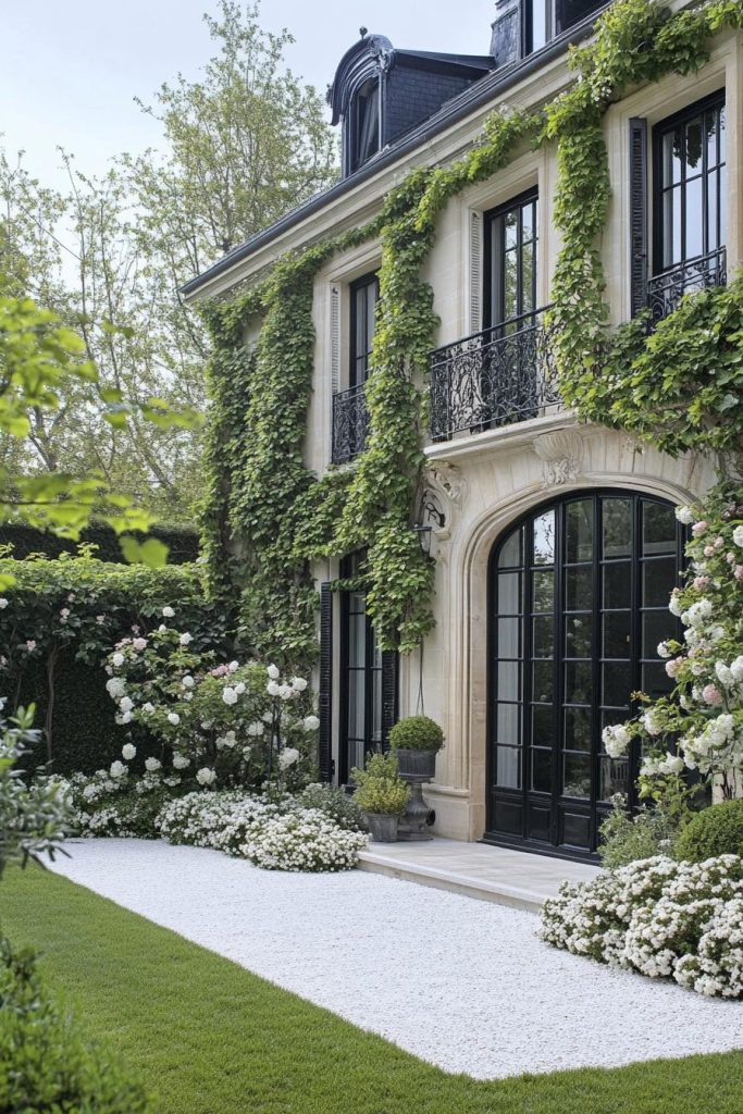 modern french mansion with climber flowers