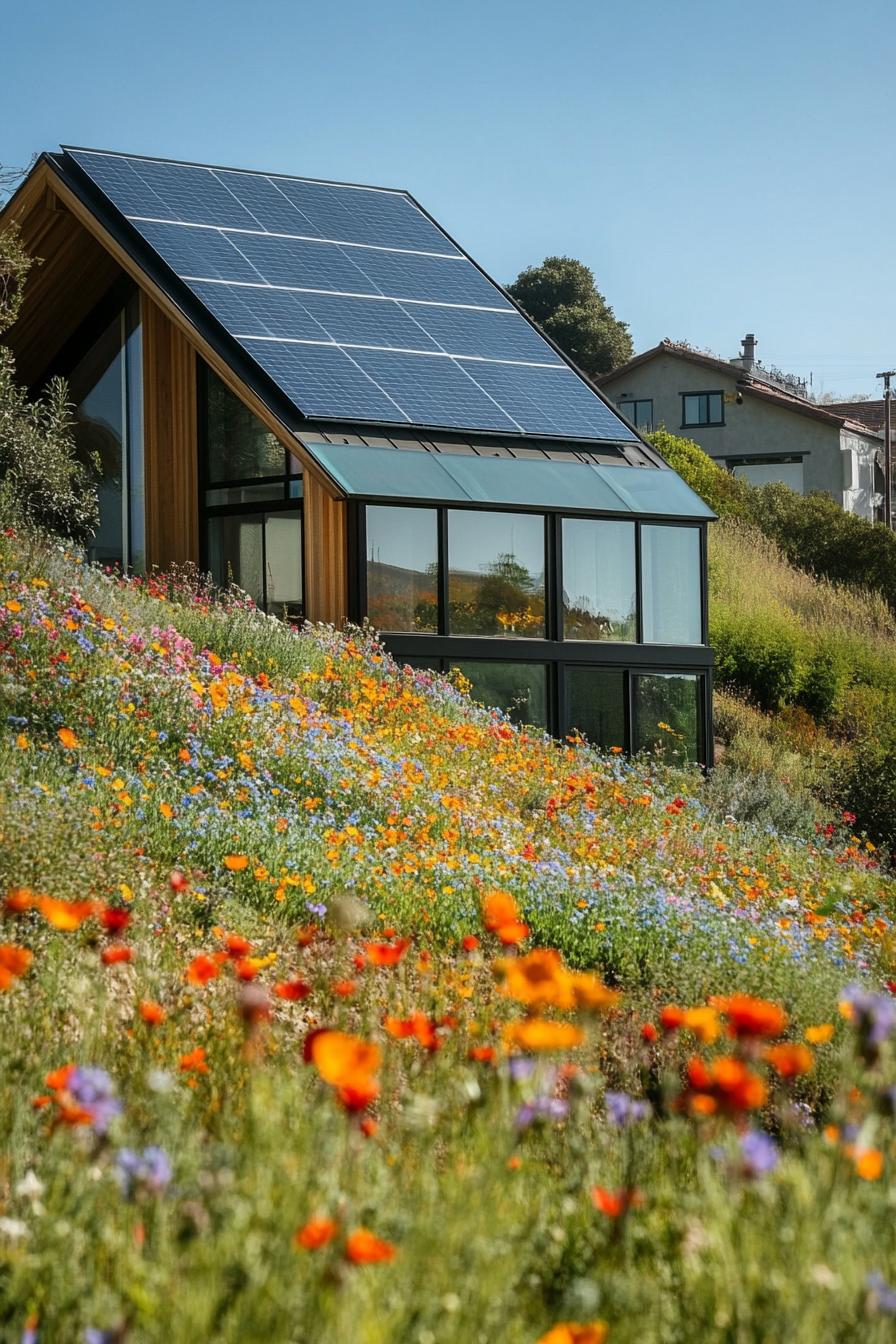 modern hillside foot house with pitched roof with solar panels large glass windows the hillside has colorful wildflowers other houses are visible