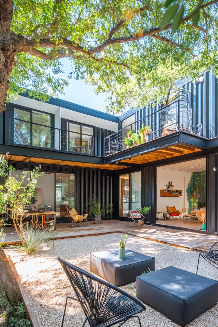 modern home courtyard made of shipping containers