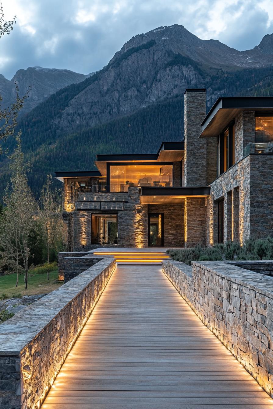 modern mountain stone mansion with a LED lit wooden path bordered with natural stone fencing imposing mountain in the background