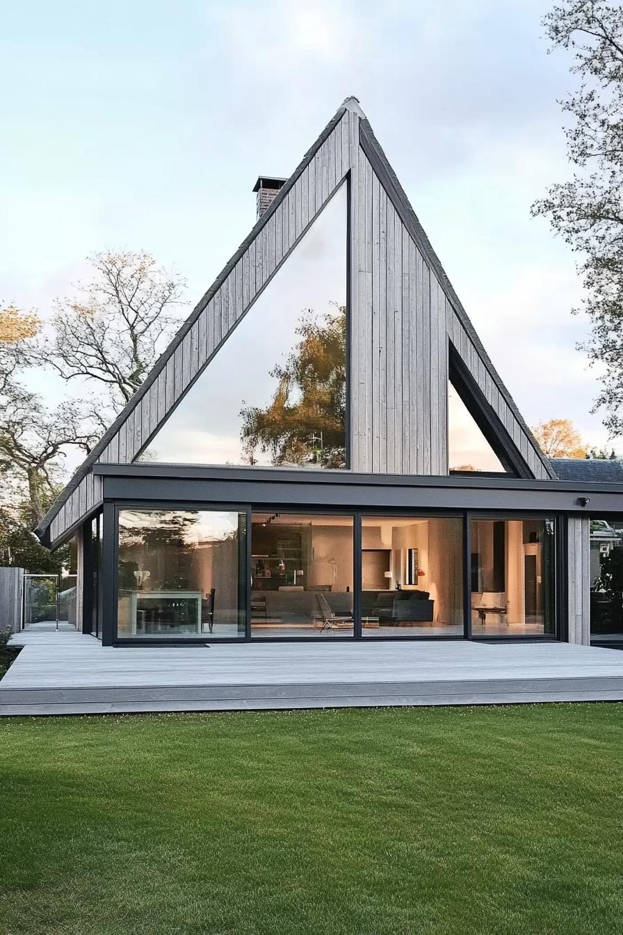 modern nordic a frame house with light grey wooden siding glass encased porch concrete deck green grass