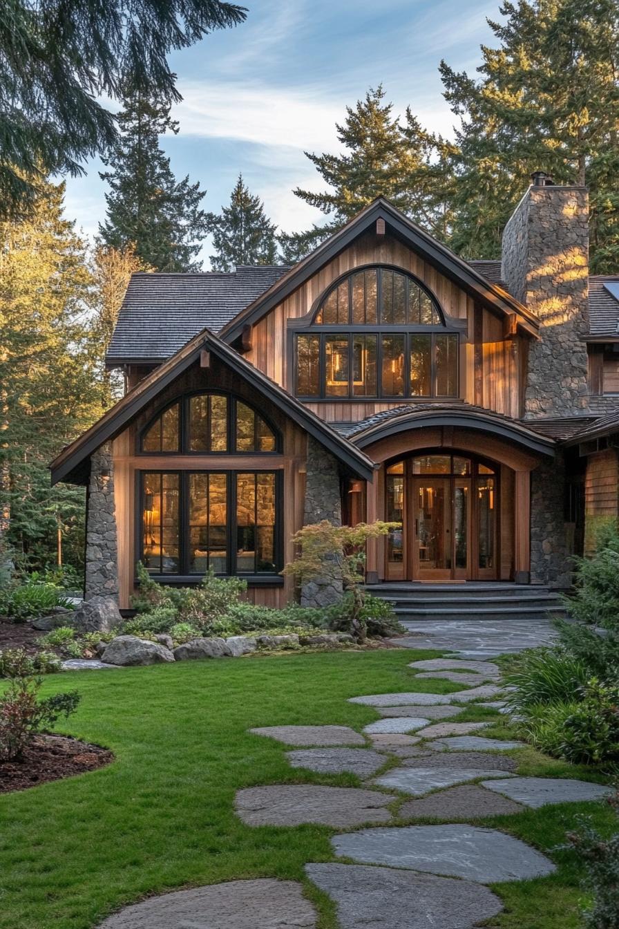 modern rustic cottage house with stone facade wood stain trim large modern windows with wood trim arched entry with columns multi pitched shingle 2