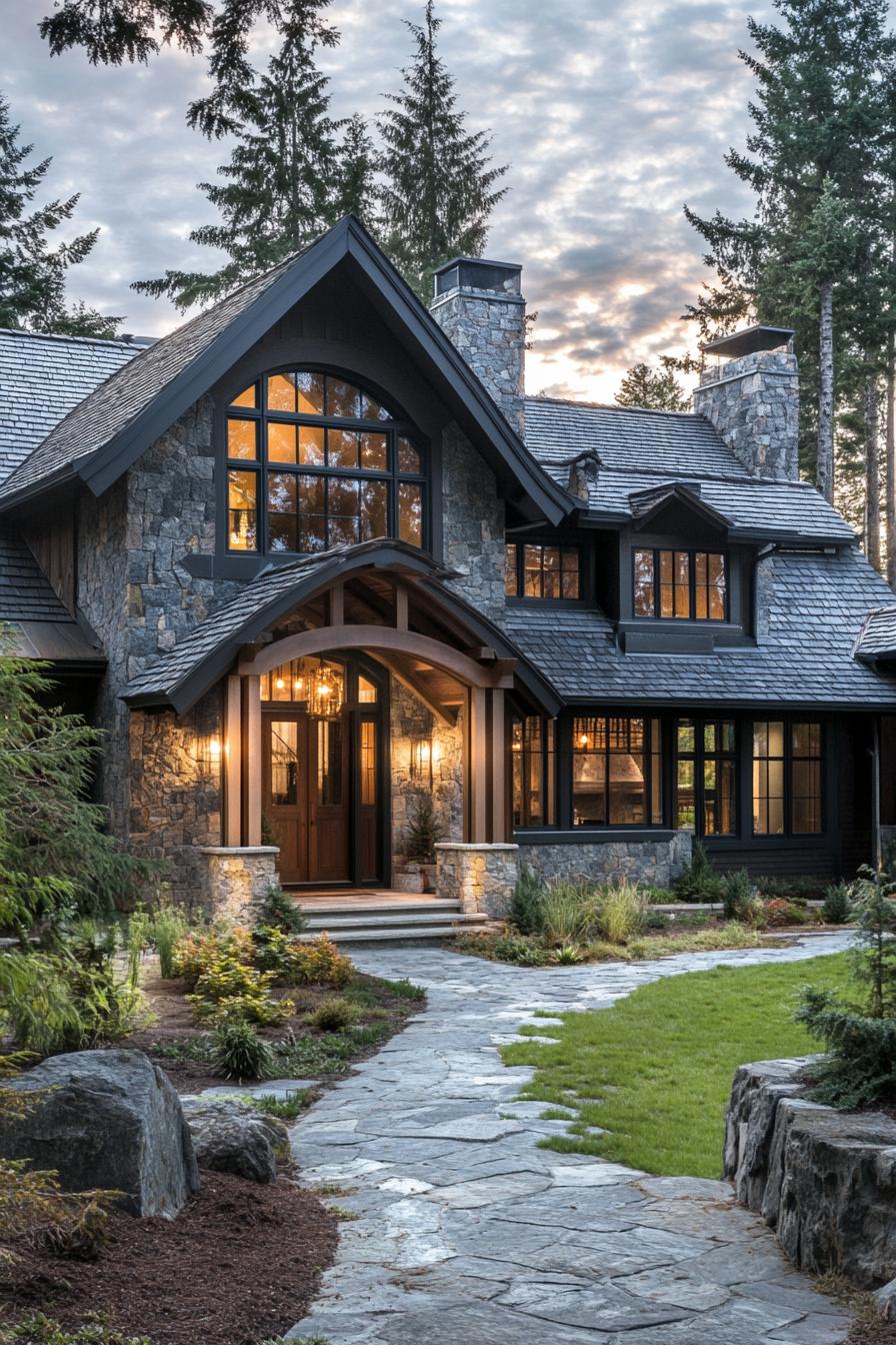 modern rustic cottage house with stone facade wood stain trim large modern windows with wood trim arched entry with columns multi pitched shingle 3