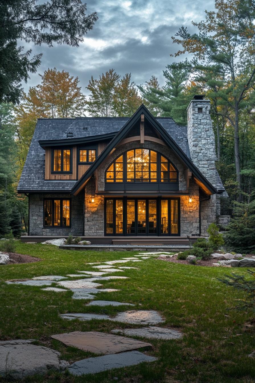 modern rustic cottage house with stone facade wood stain trim large modern windows with wood trim arched entry with columns multi pitched shingle