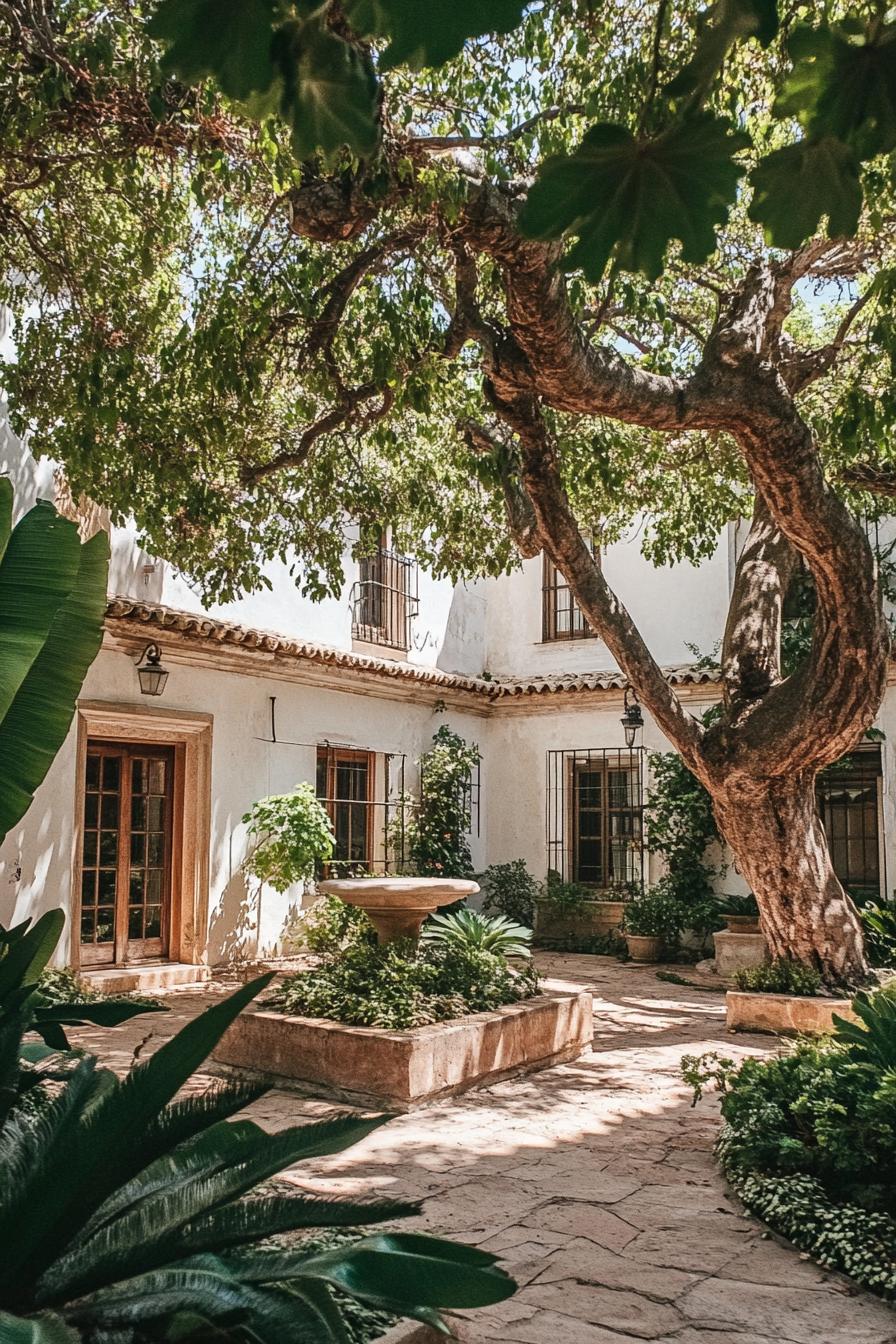 modern spanish mediterranean house yard with a large old leafy trea in the front yard center 1