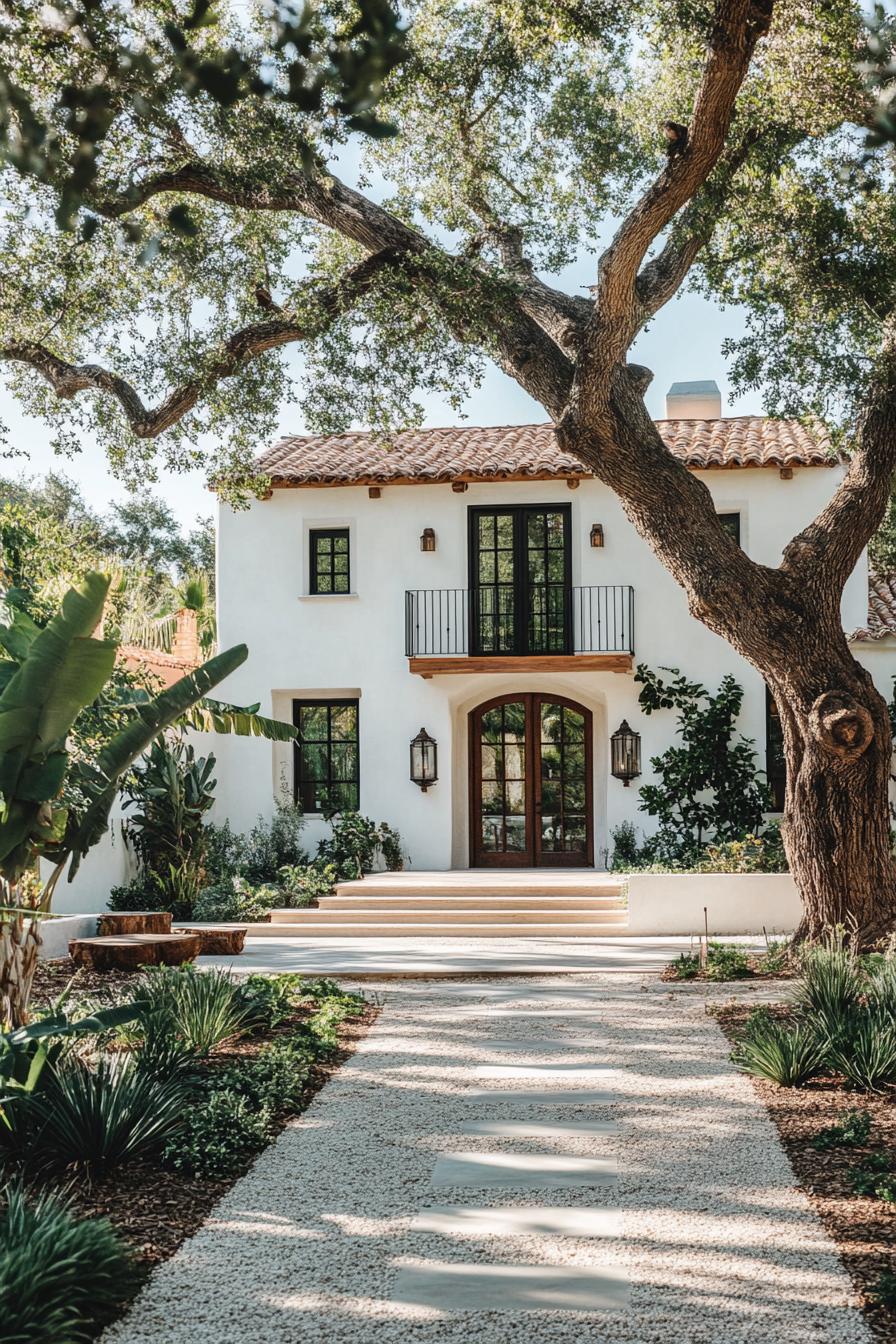 modern spanish mediterranean house yard with a large old leafy trea in the front yard center 2