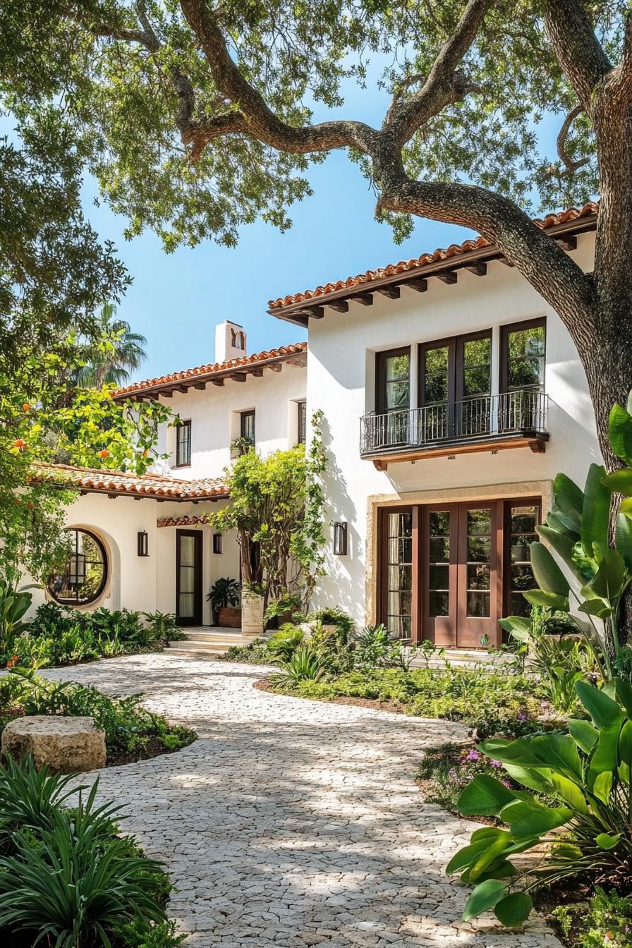 modern spanish mediterranean house yard with a large old leafy trea in the front yard center 3