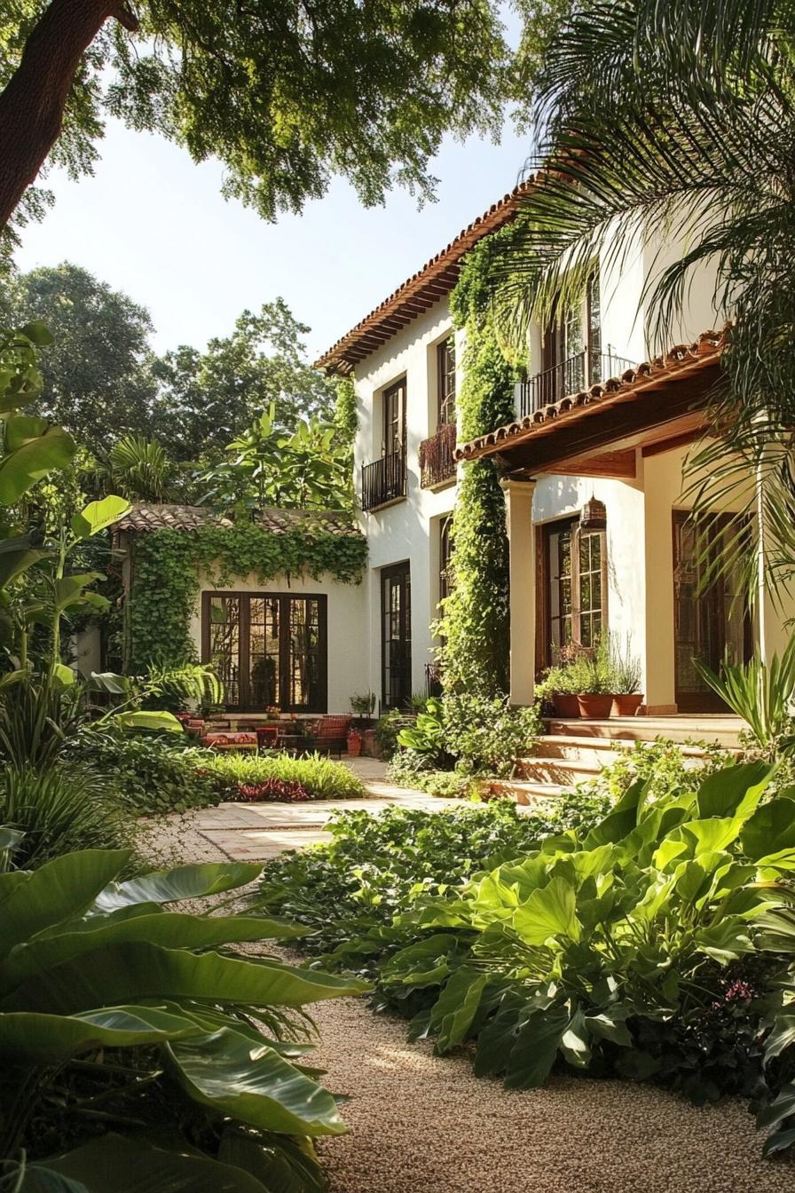 modern spanish mediterranean house yard with a large old leafy trea in the front yard center