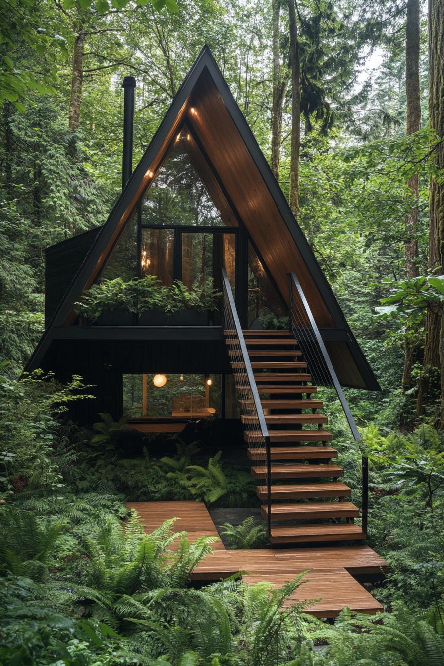 modern tiny raised a frame cabin in a lush forest wooden stairs with railings lead up to the cabin 1