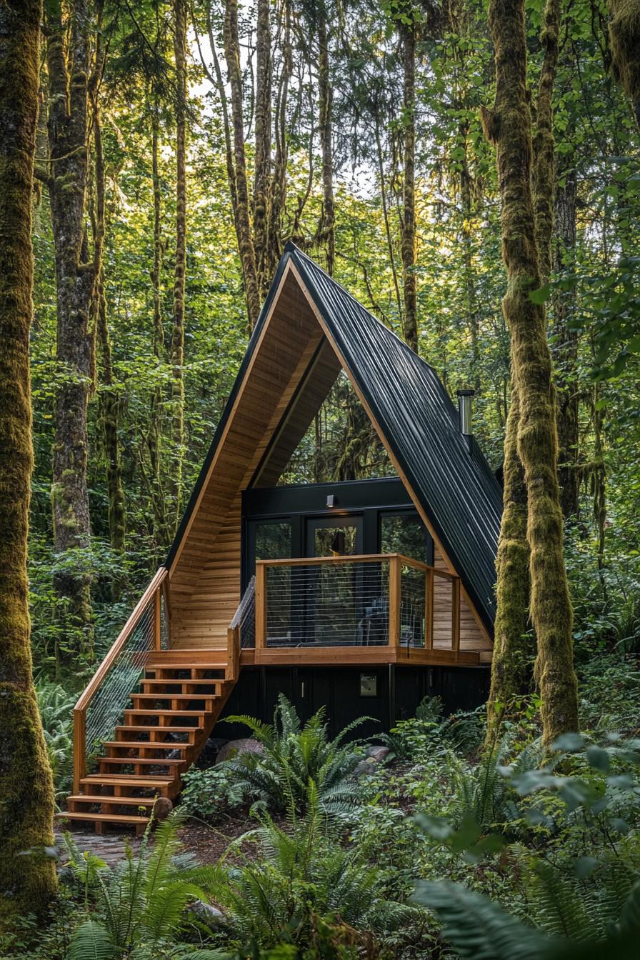 modern tiny raised a frame cabin in a lush forest wooden stairs with railings lead up to the cabin 2