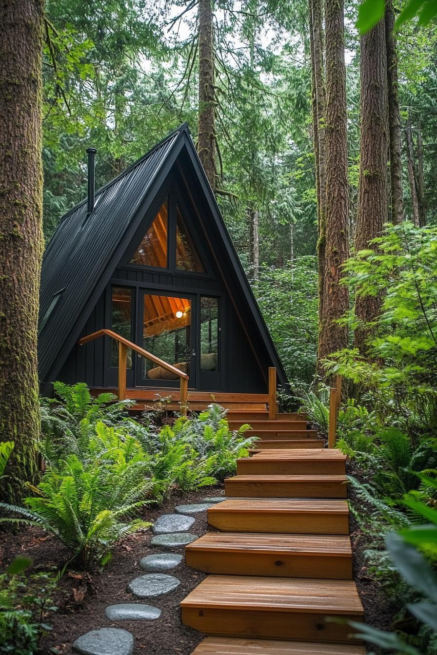 modern tiny raised a frame cabin in a lush forest wooden stairs with railings lead up to the cabin