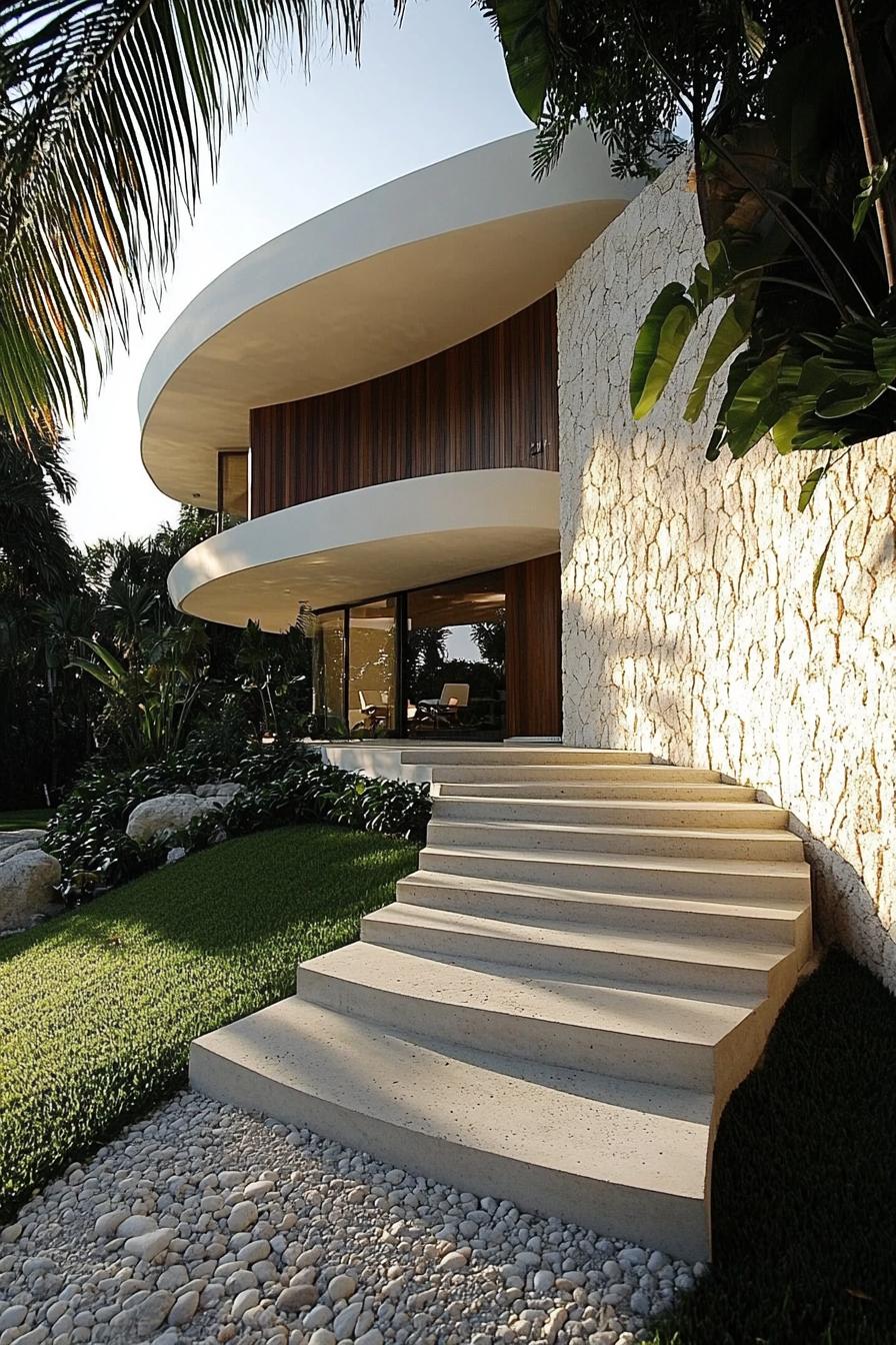 modern tropical house white concrete and stone facade curved natural wood accent walls concrete steps yard with pebbles and grass vines on facade 1