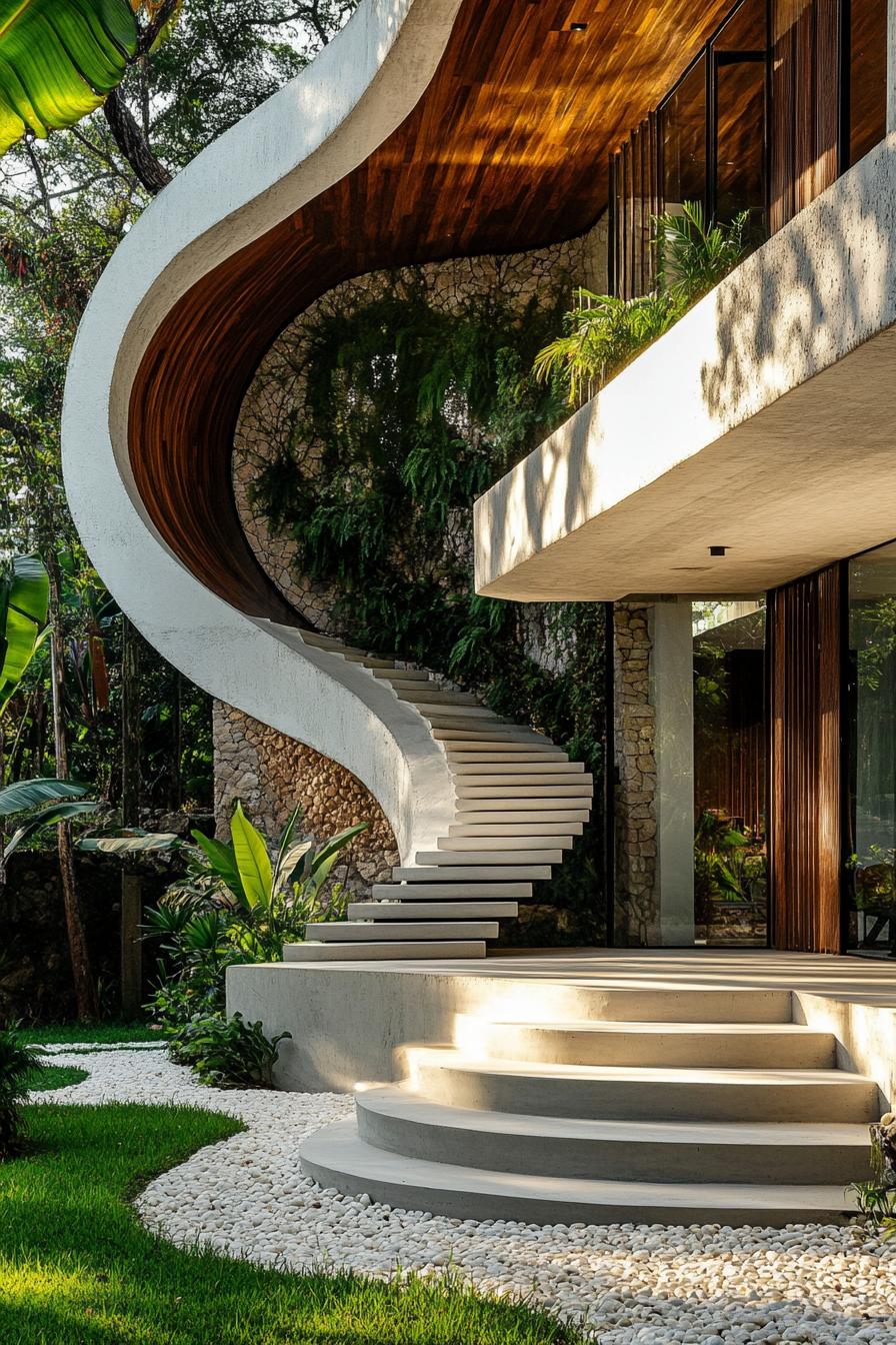 modern tropical house white concrete and stone facade curved natural wood accent walls concrete steps yard with pebbles and grass vines on facade 3