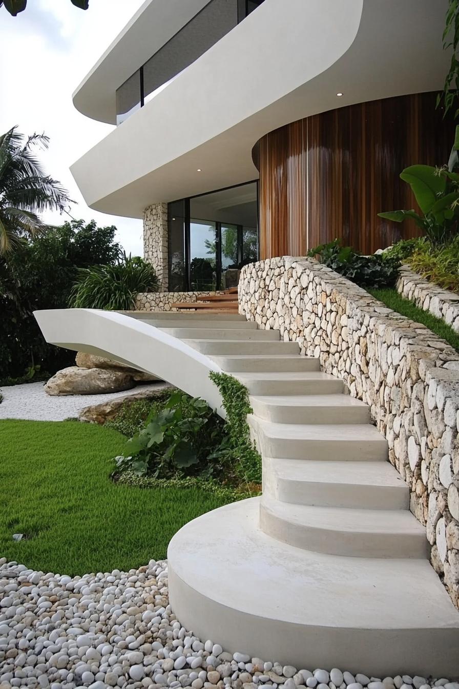 modern tropical house white concrete and stone facade curved natural wood accent walls concrete steps yard with pebbles and grass vines on facade 4