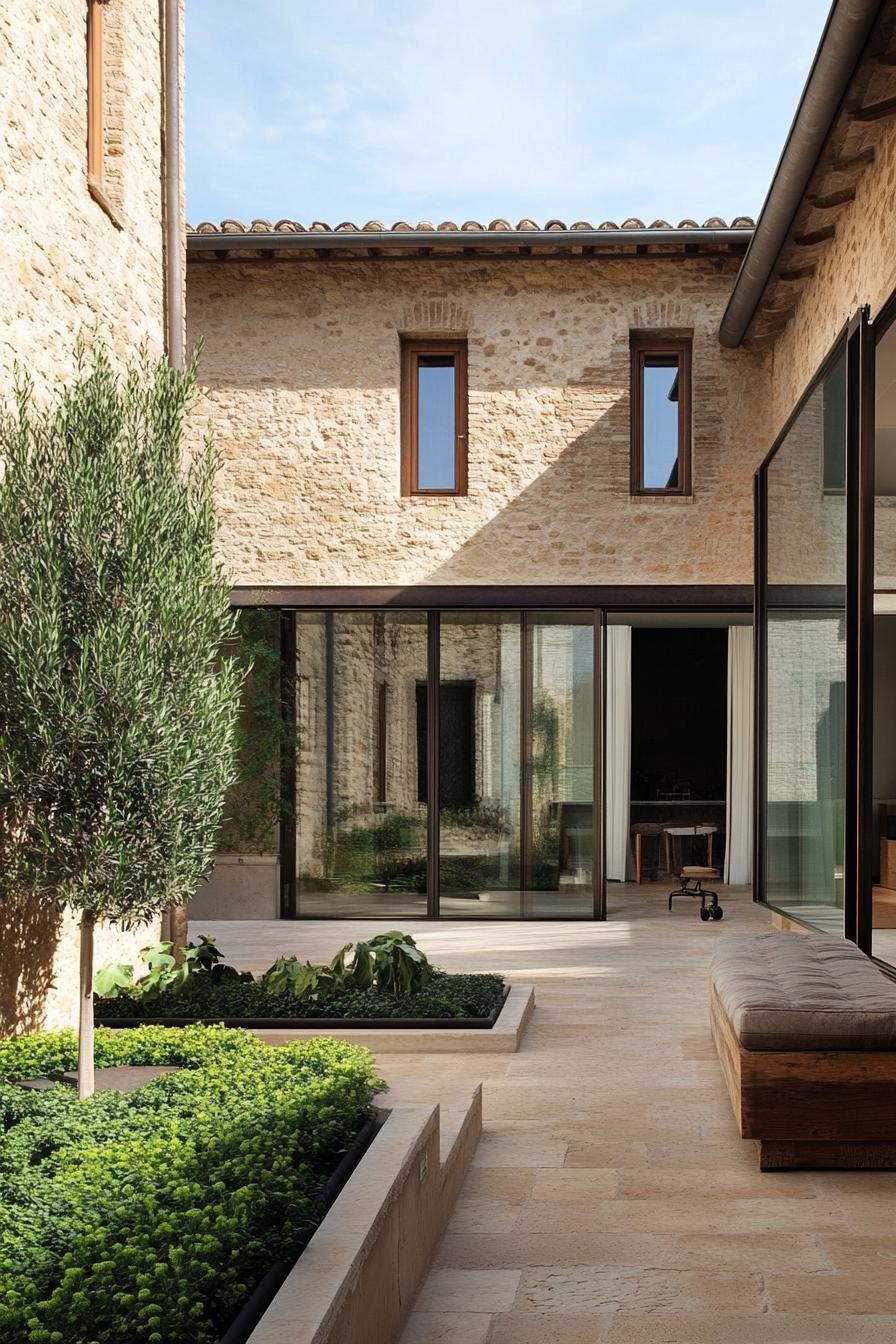 modern tuscan house courtyard with garden