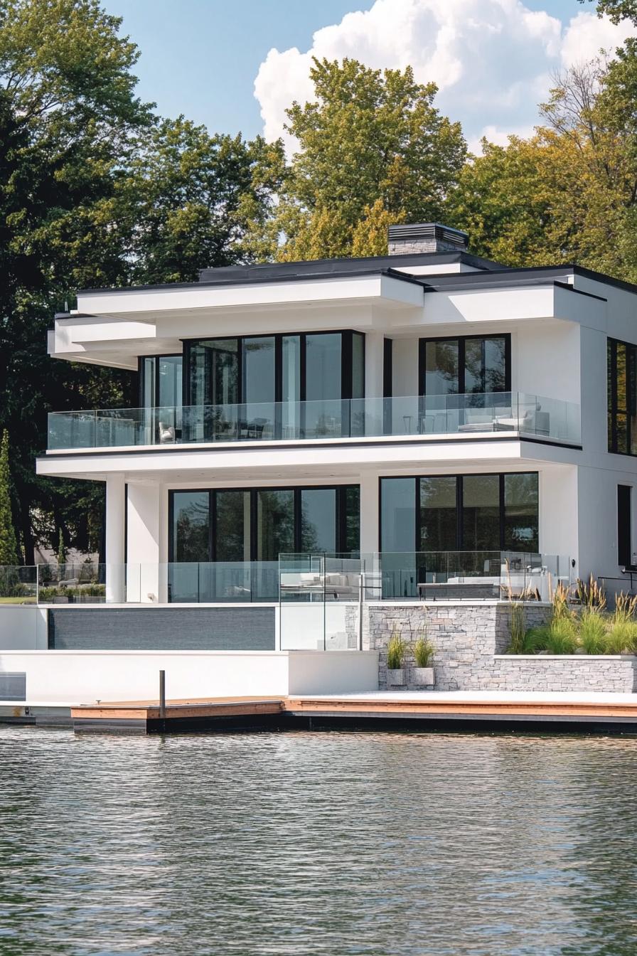 modern white mansion on the lakefront balconies with glass railings enjoying lake views gabled roofing large modern windows dock in front