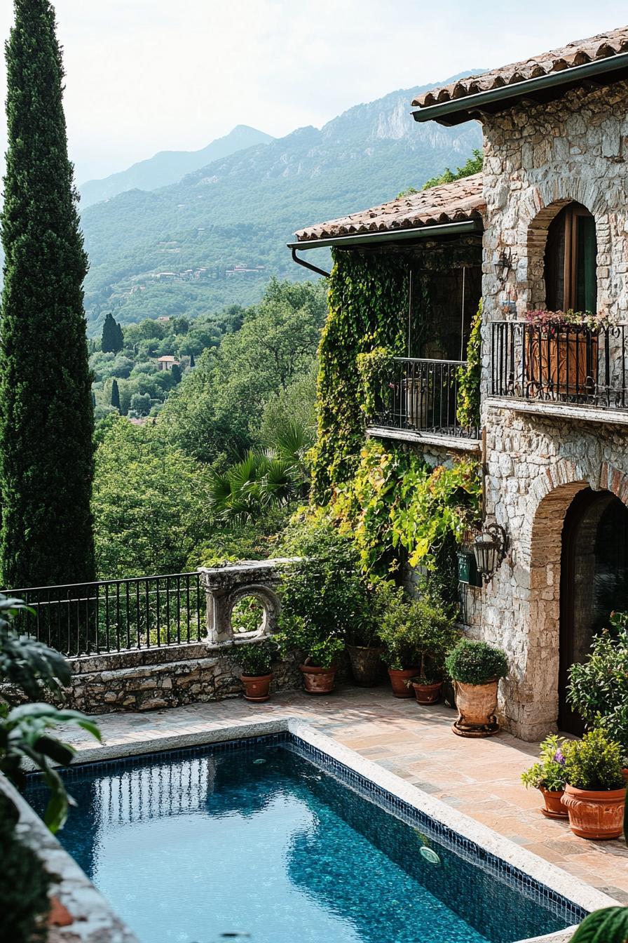 pool of italian villa yard the yard is surrounded with balustrade fence the villa has stone facade and vines there are potted plants and shrubs 1