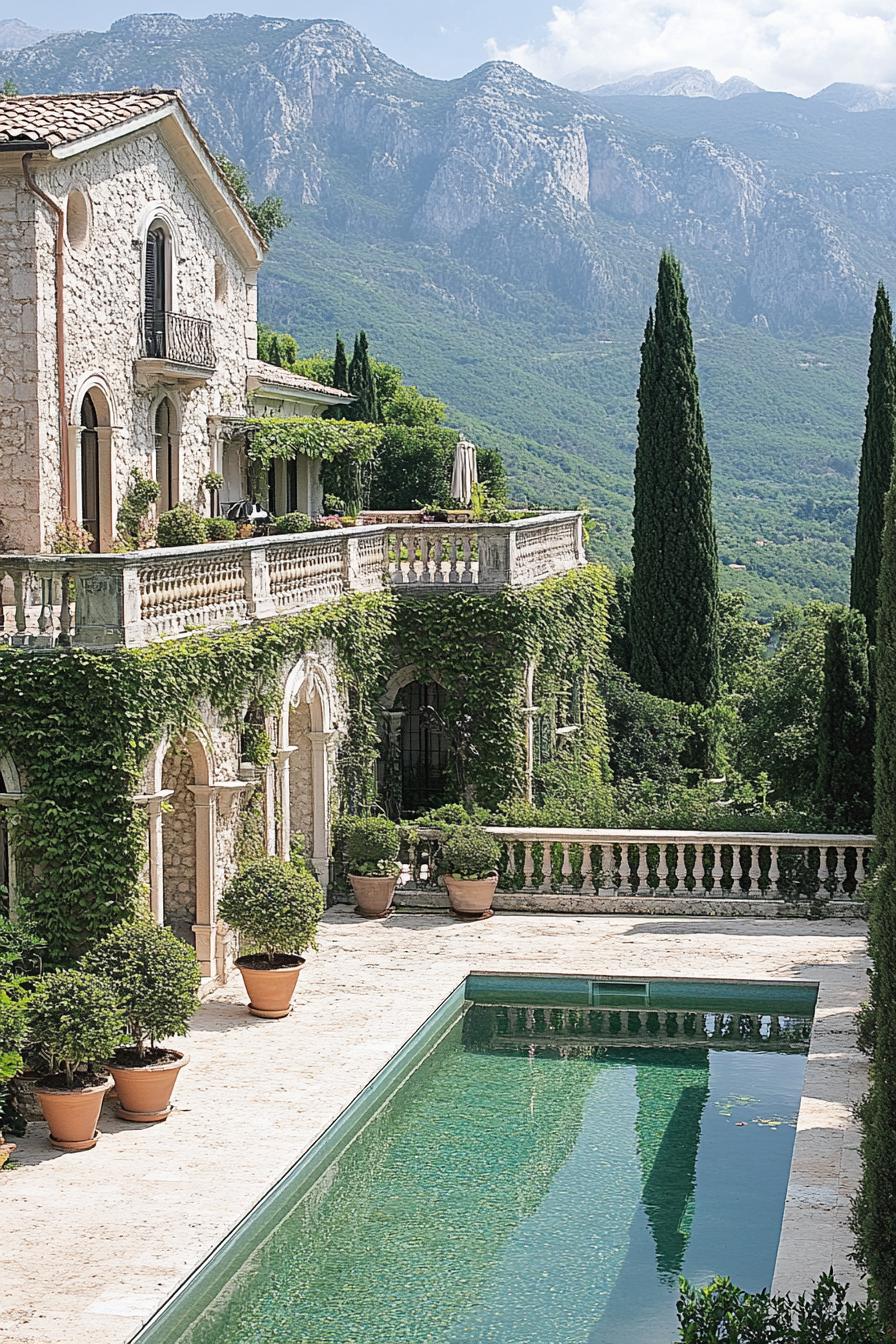 pool of italian villa yard the yard is surrounded with balustrade fence the villa has stone facade and vines there are potted plants and shrubs 2