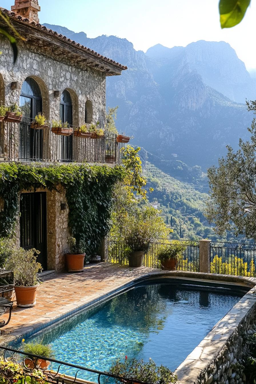 pool of italian villa yard the yard is surrounded with balustrade fence the villa has stone facade and vines there are potted plants and shrubs