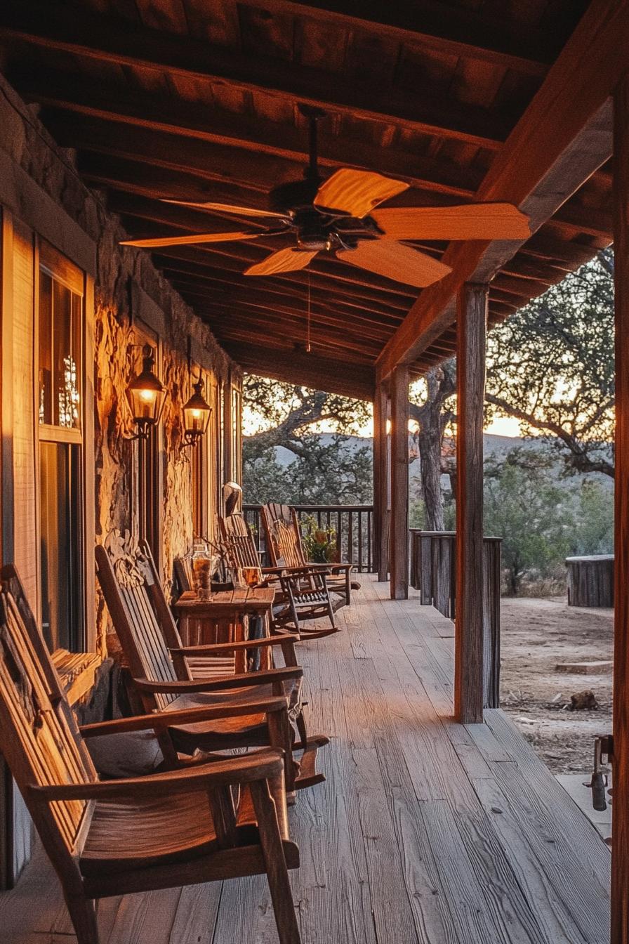 ranch house rustic porch ceiling fan wooden chairs