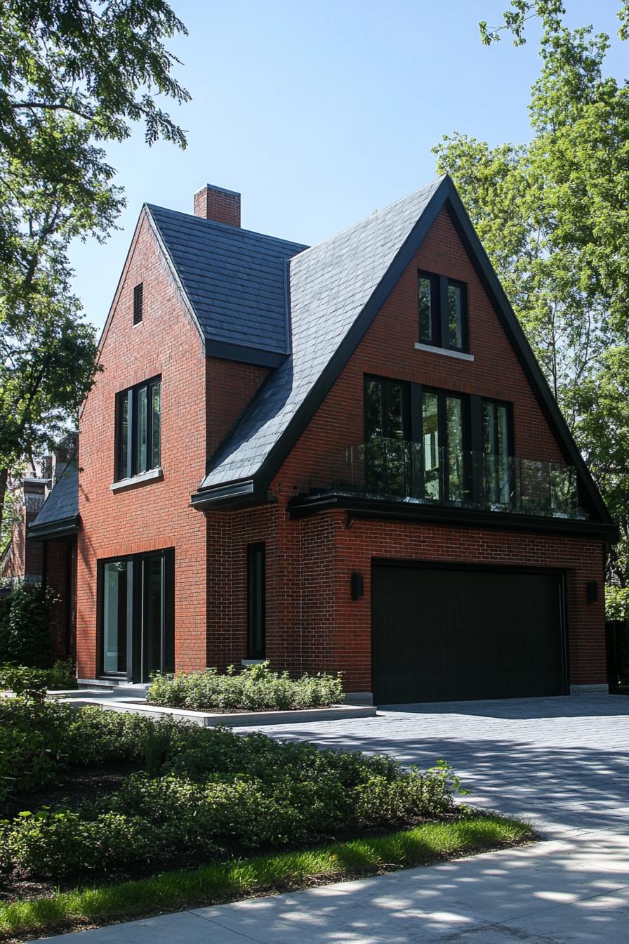 red brick house with modern multi pitched roof attached garage 1